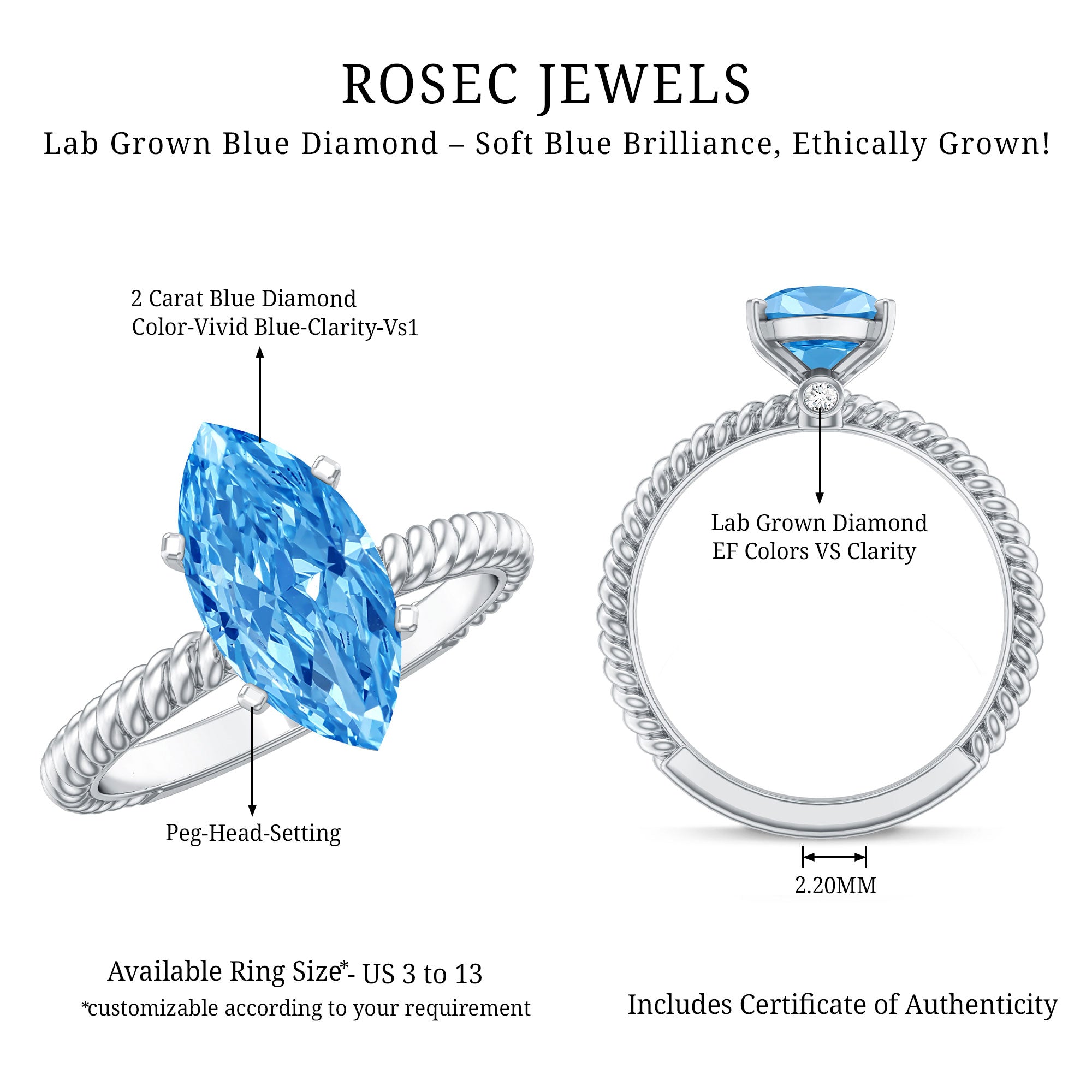 Rosec Jewels-Lab Grown 2 Carat Blue Diamond Marquise Solitaire Engagement Ring IGI Certified