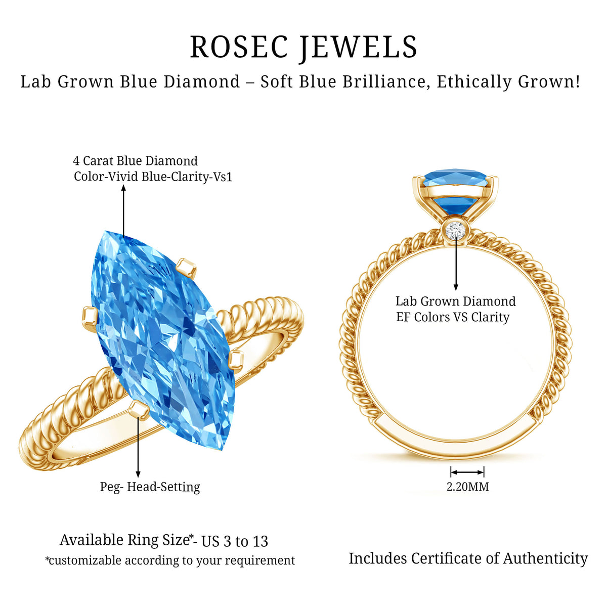 IGI Certified 3 Carat Marquise Lab Grown Blue Diamond Solitaire Engagement Ring Vivid Blue - VS1 - Rosec Jewels