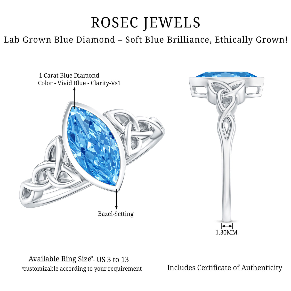 IGI Certified 1 Carat Marquise Lab Grown Blue Diamond Celtic Engagement Ring Vivid Blue - VS1 - Rosec Jewels