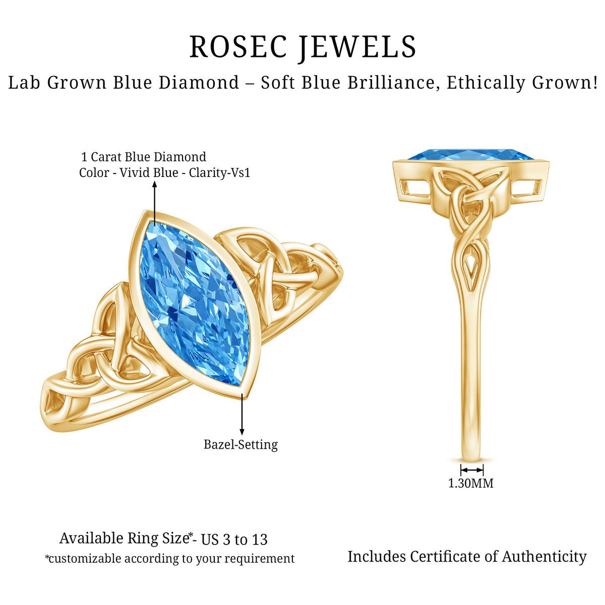 IGI Certified 1 Carat Marquise Lab Grown Blue Diamond Celtic Engagement Ring Vivid Blue - VS1 - Rosec Jewels