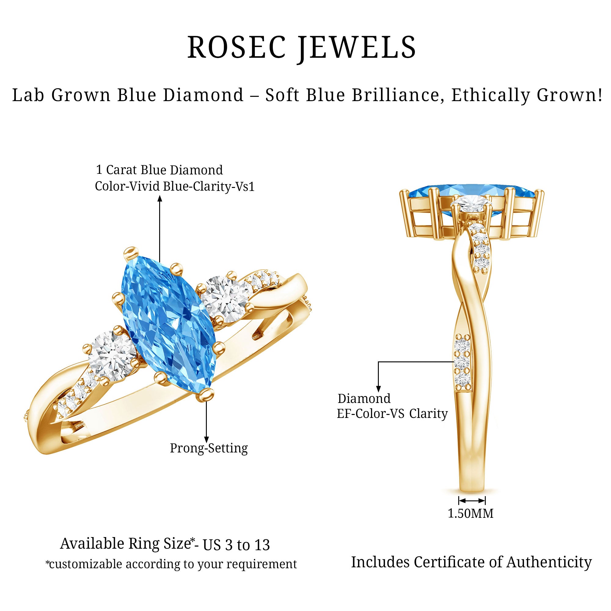 Rosec Jewels-IGI Certified 1 Carat Marquise Cut Lab Blue Diamond Braided Ring for Women