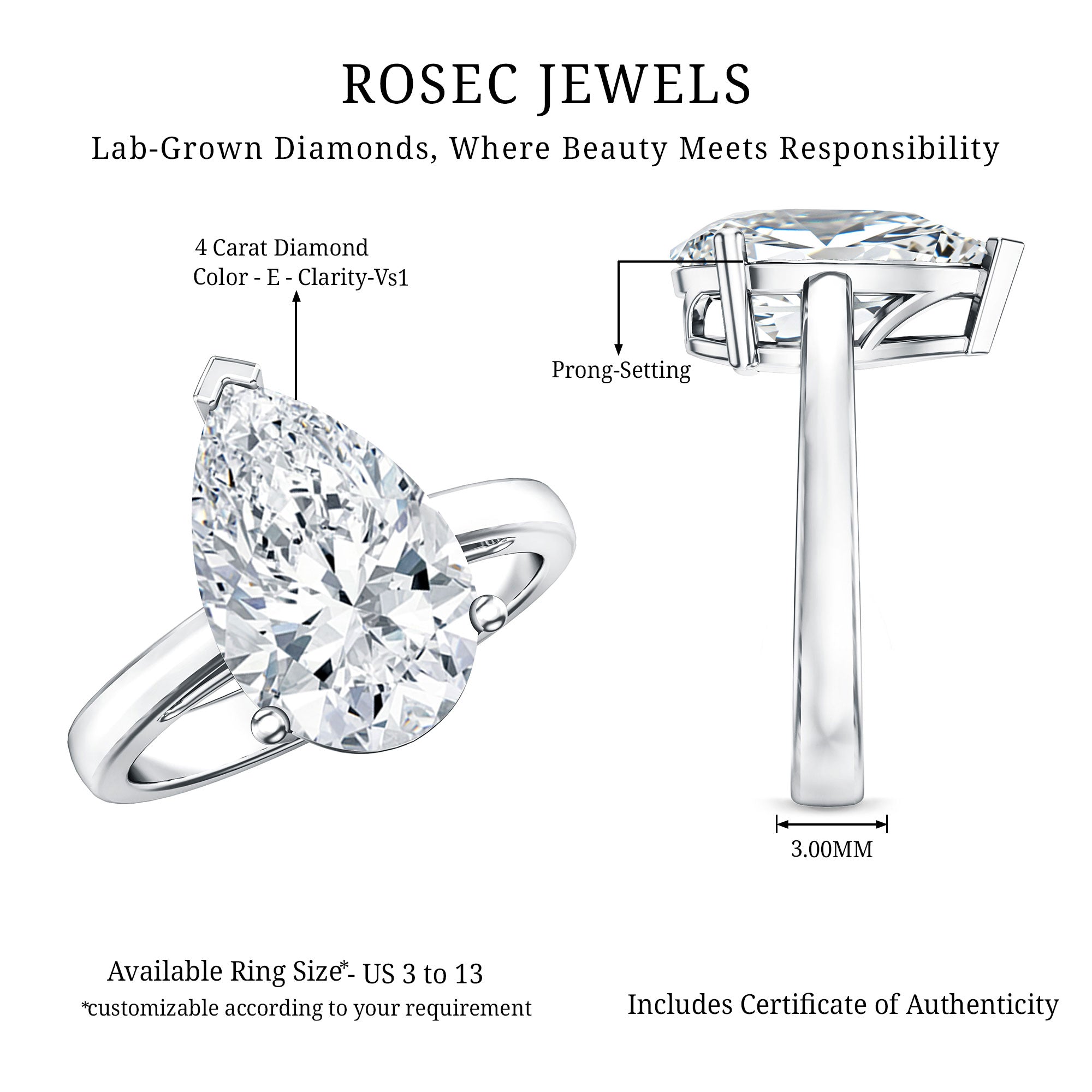 4 Carat IGI Certified Lab Grown Diamond Pear Engagement Ring Lab - ( E-VS1 ) - Rosec Jewels