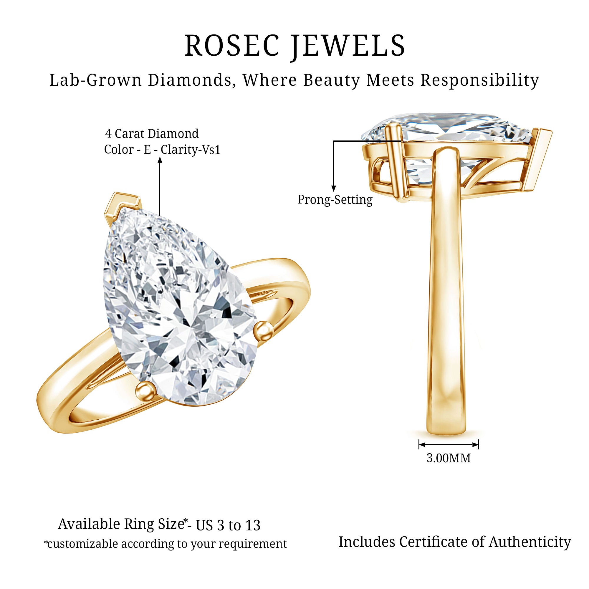 4 Carat IGI Certified Lab Grown Diamond Pear Engagement Ring Lab - ( E-VS1 ) - Rosec Jewels