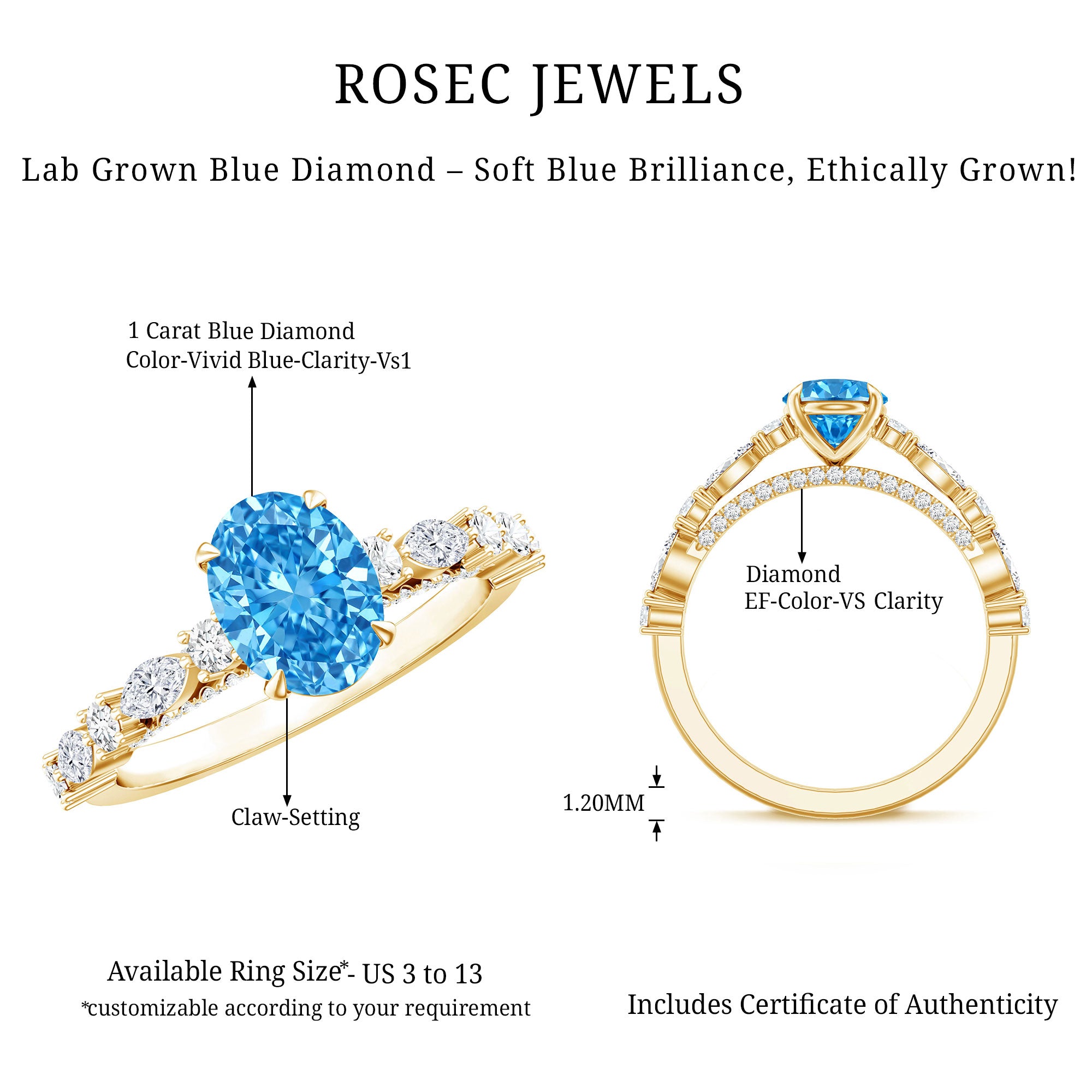 Rosec Jewels-1 Carat Oval Shaped Lab Created Blue Diamond Engagement Ring IGI Certified