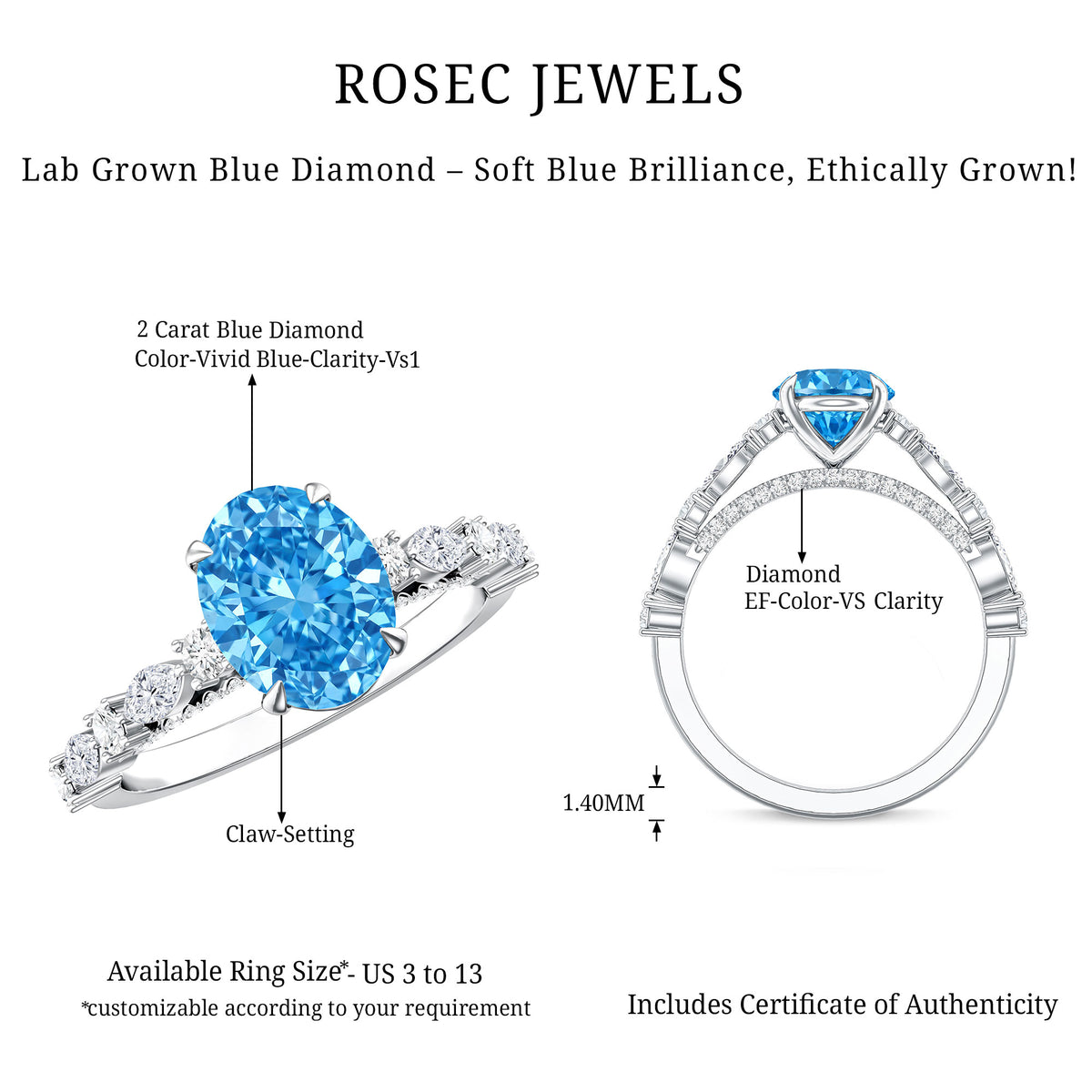 2 Carat Lab Grown Blue Diamond Oblong Engagement Ring with IGI Certificate Vivid Blue - VS1 - Rosec Jewels