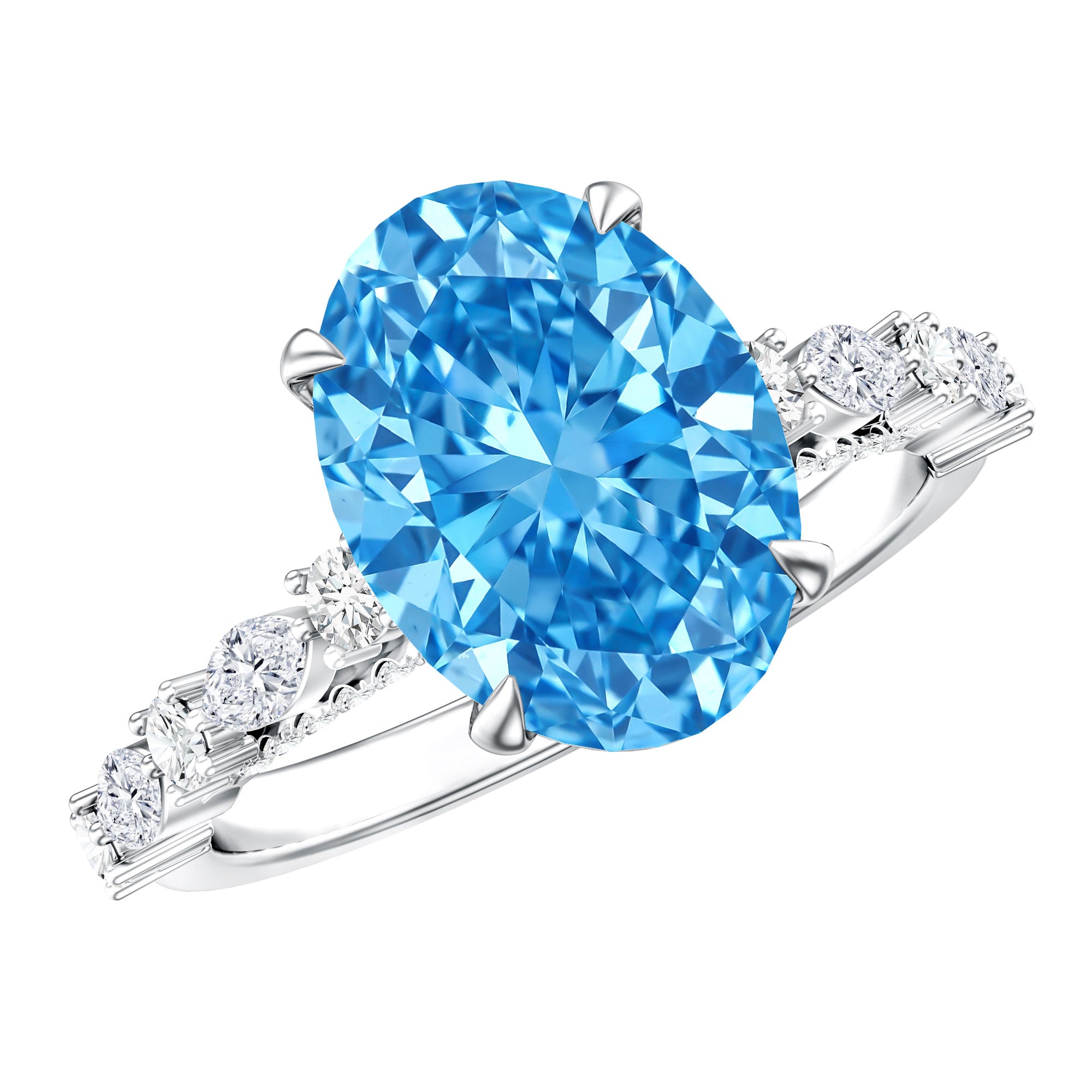 Rosec Jewels-IGI Certified 3 Carat Lab Grown Oval Blue Diamond Big Engagement Ring with Side Stones