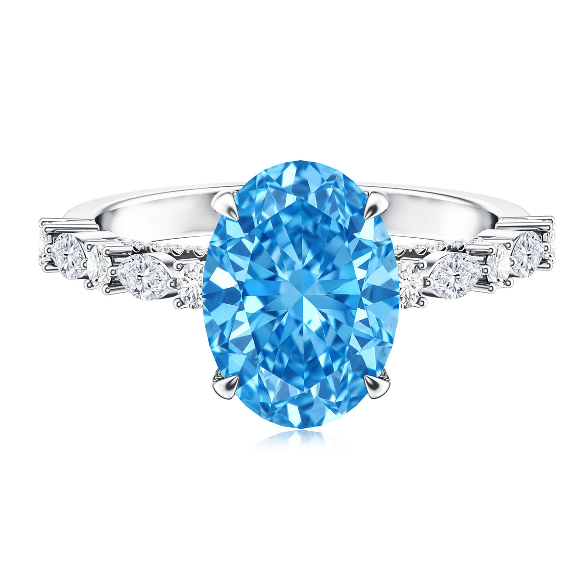 IGI Certified 3 Carat Lab Grown Oval Blue Diamond Big Engagement Ring with Side Stones Vivid Blue - VS1 - Rosec Jewels