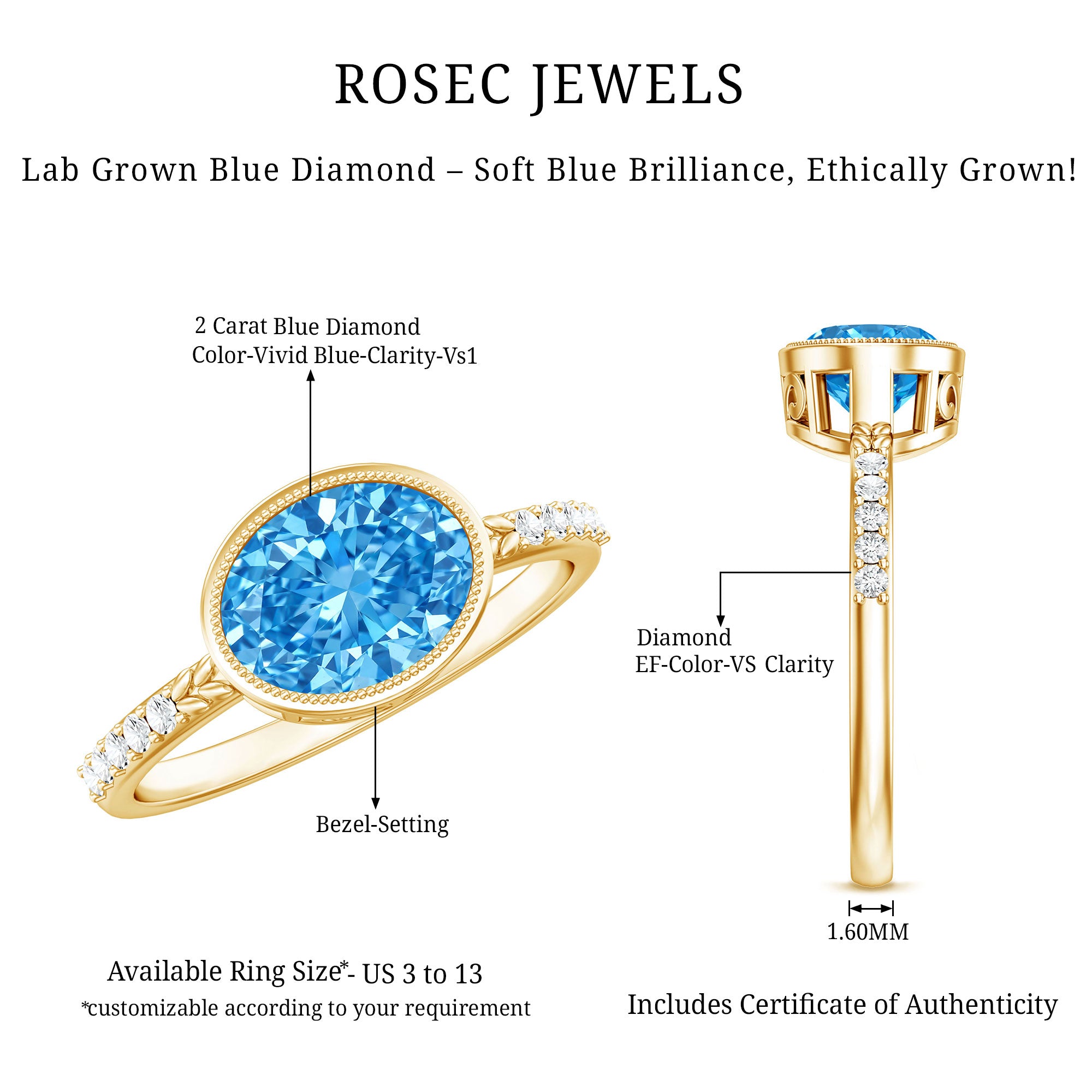Rosec Jewels-2 Carat Lab Created Blue Diamond East West Oval Engagement Ring with IGI Certificate