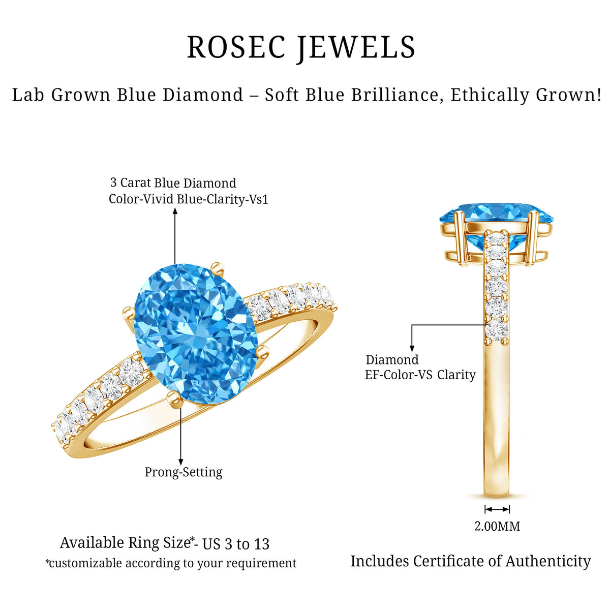 IGI Certified 3 Carat Oval Lab Grown Blue Diamond Engagement Ring with Side Stone Vivid Blue - VS1 - Rosec Jewels
