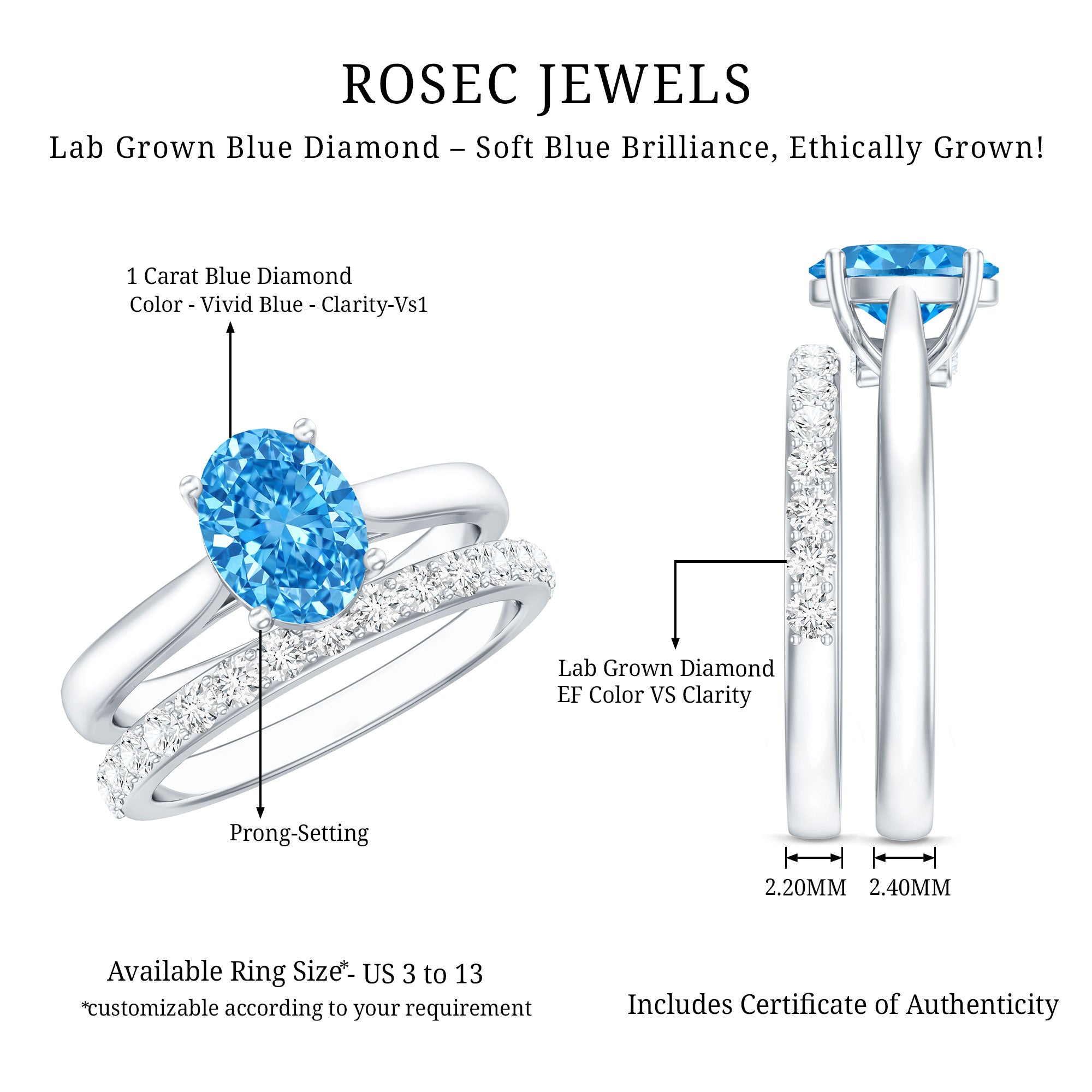 Rosec Jewels-IGI Certified Oval 1 Carat Lab Grown Blue Diamond Wedding Ring Set