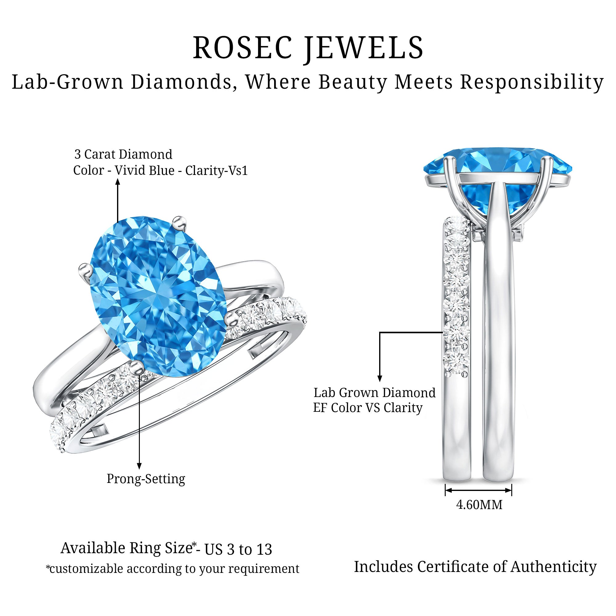 Rosec Jewels-Lab Grown Blue Diamond 3 Carat Oval Bridal Ring Set with IGI Certificate