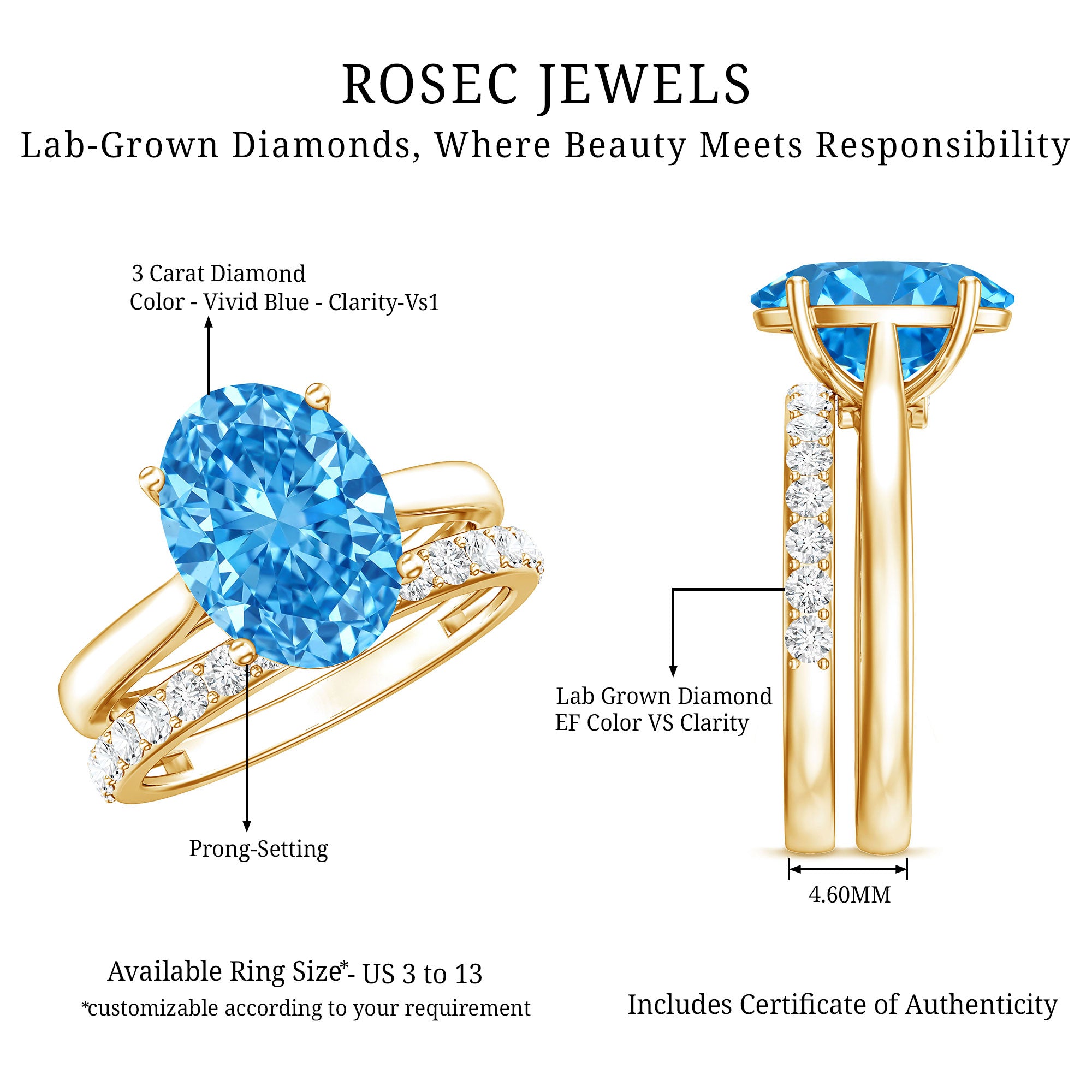 Rosec Jewels-Lab Grown Blue Diamond 3 Carat Oval Bridal Ring Set with IGI Certificate