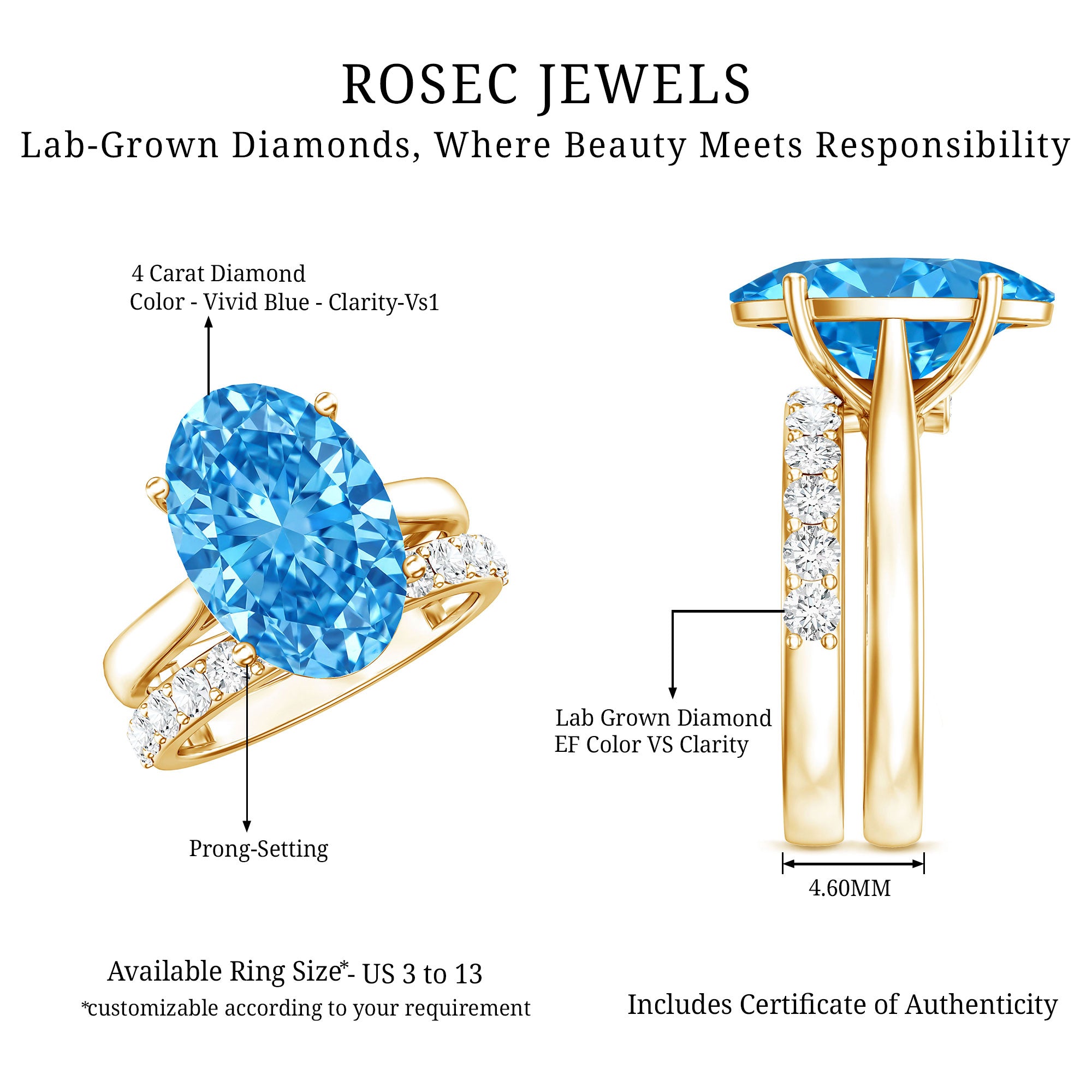Rosec Jewels-IGI Certified 4 Carat Oval Lab Grown Blue Diamond Engagement Ring with Enhancer
