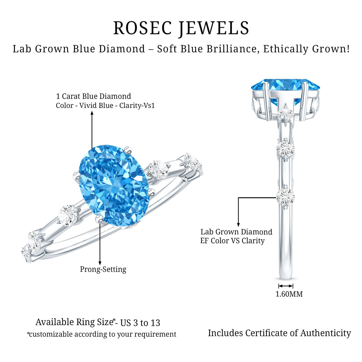 Oval Shaped 1 Carat Lab Grown Blue Diamond Solitaire Ring with IGI Certificate Vivid Blue - VS1 - Rosec Jewels