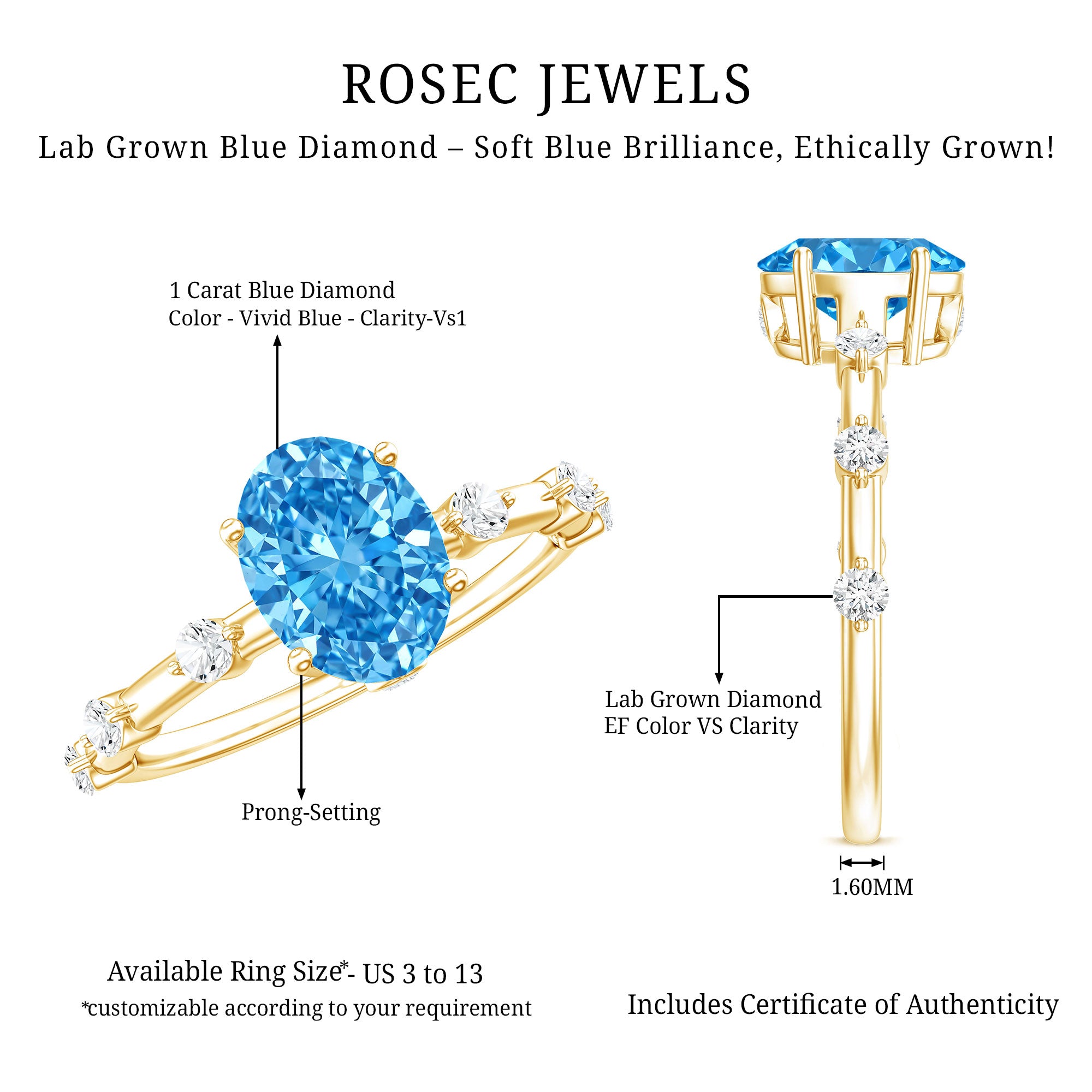 Rosec Jewels-Oval Shaped 1 Carat Lab Grown Blue Diamond Solitaire Ring with IGI Certificate