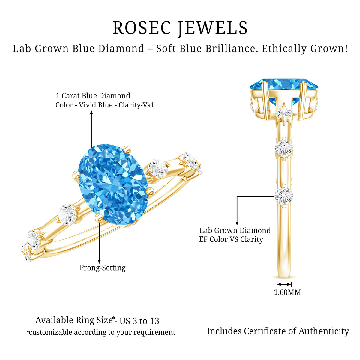 Oval Shaped 1 Carat Lab Grown Blue Diamond Solitaire Ring with IGI Certificate Vivid Blue - VS1 - Rosec Jewels