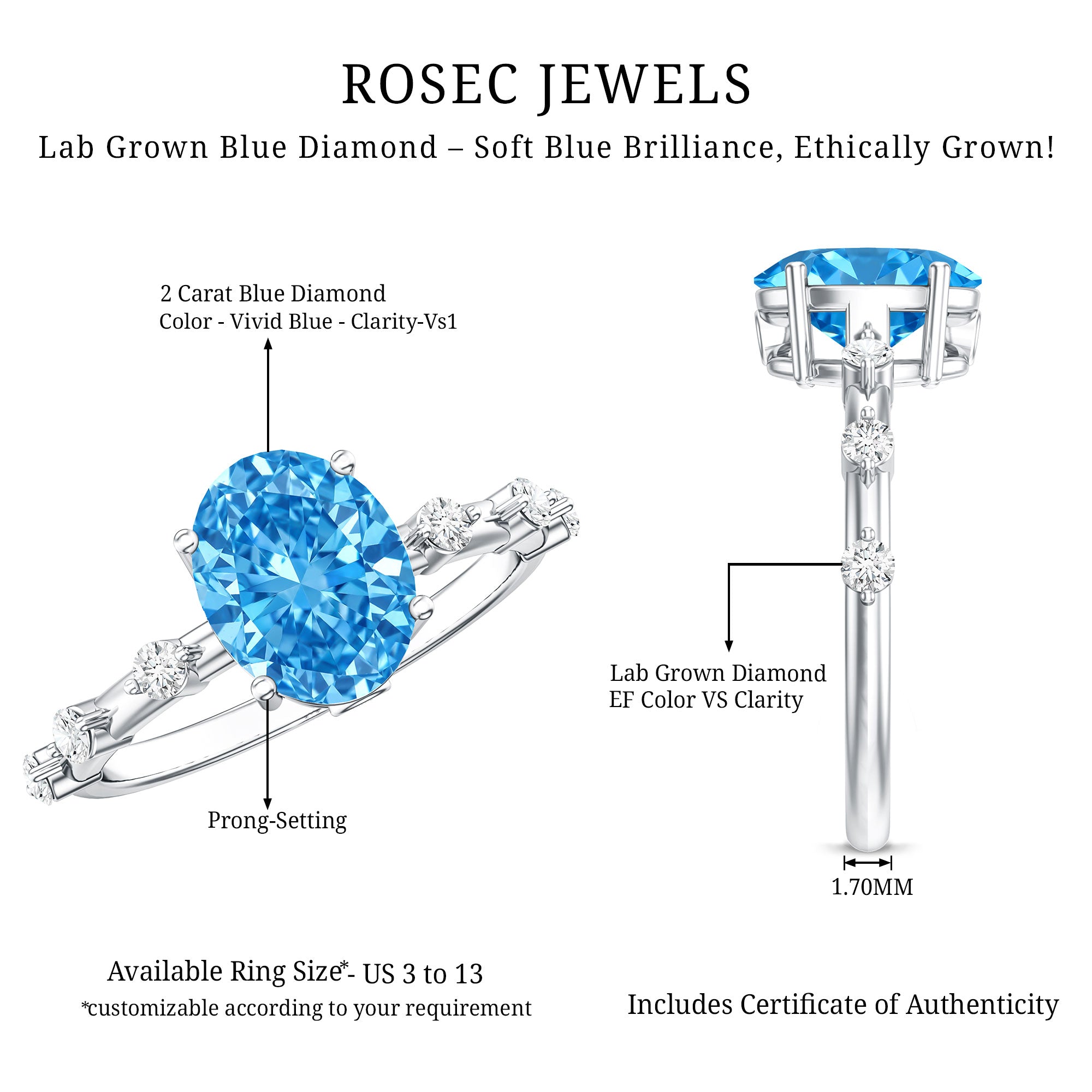 Rosec Jewels-IGI Certified Lab Grown Blue Diamond Oval Engagement Ring 2 Carat