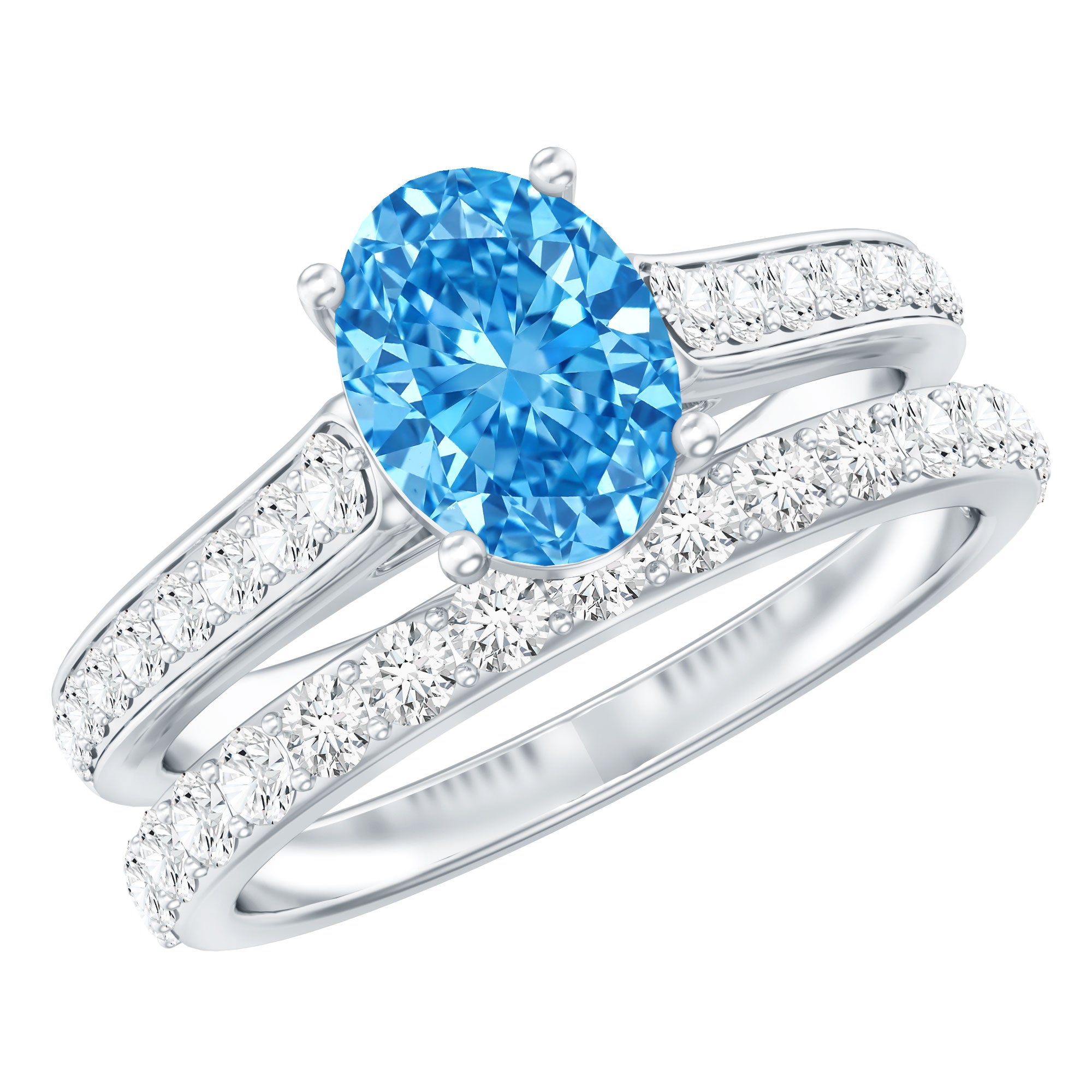 Rosec Jewels-Oval Shaped 1 Carat Lab Grown Blue Diamond Bridal Ring Set IGI Certified