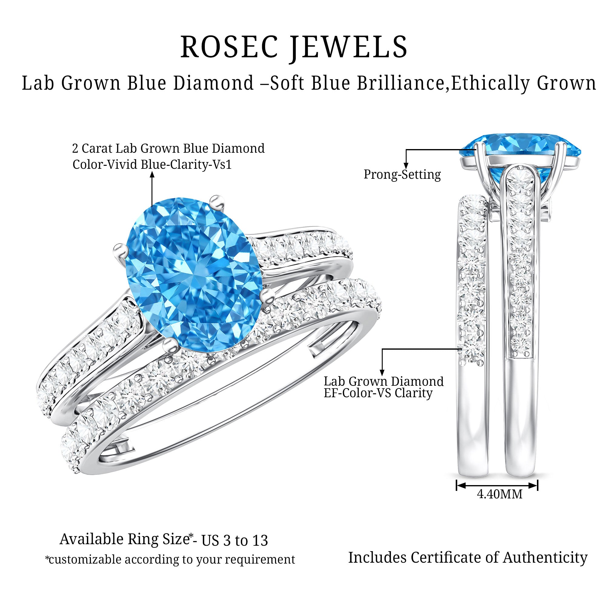 Rosec Jewels-IGI Certified Lab Grown 2 Carat Blue Diamond Oval Engagement Ring with Enhancer