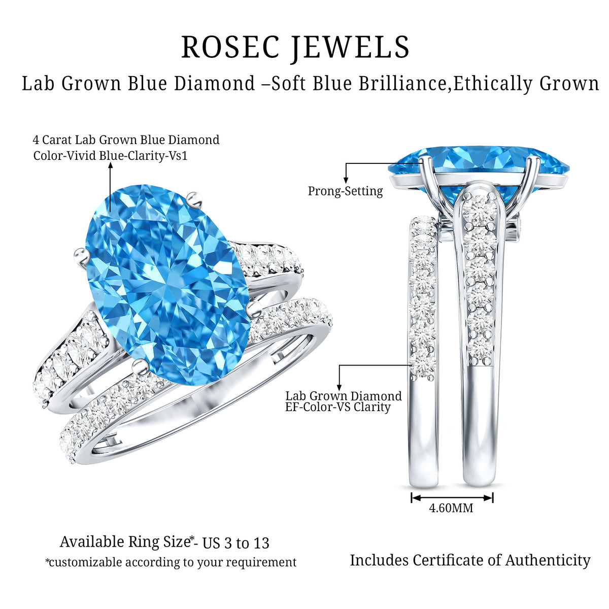 IGI Certified 4 Carat Oval Shape Lab Grown Blue Diamond Bridal Ring Set for Her Vivid Blue - VS1 - Rosec Jewels