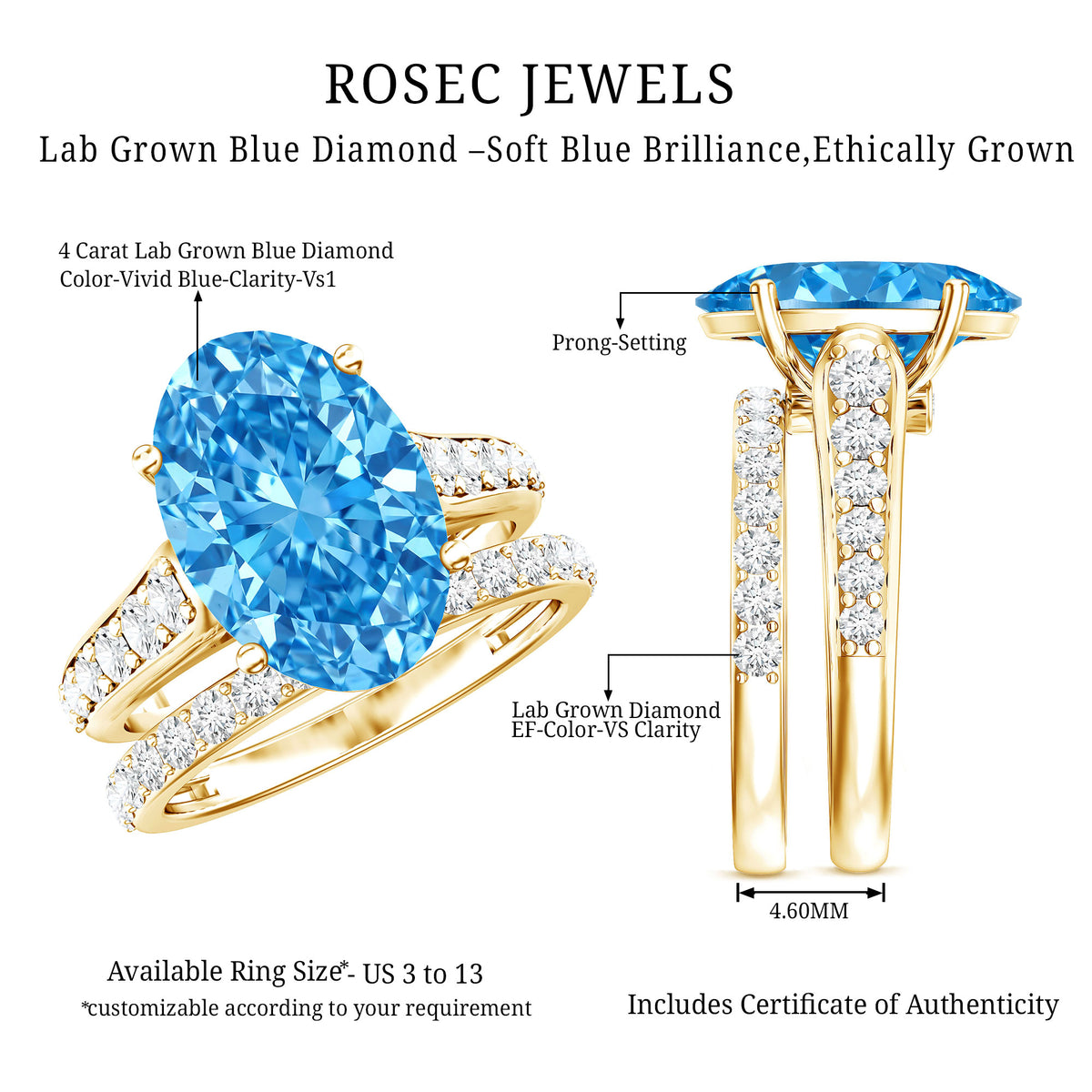 IGI Certified 4 Carat Oval Shape Lab Grown Blue Diamond Bridal Ring Set for Her Vivid Blue - VS1 - Rosec Jewels