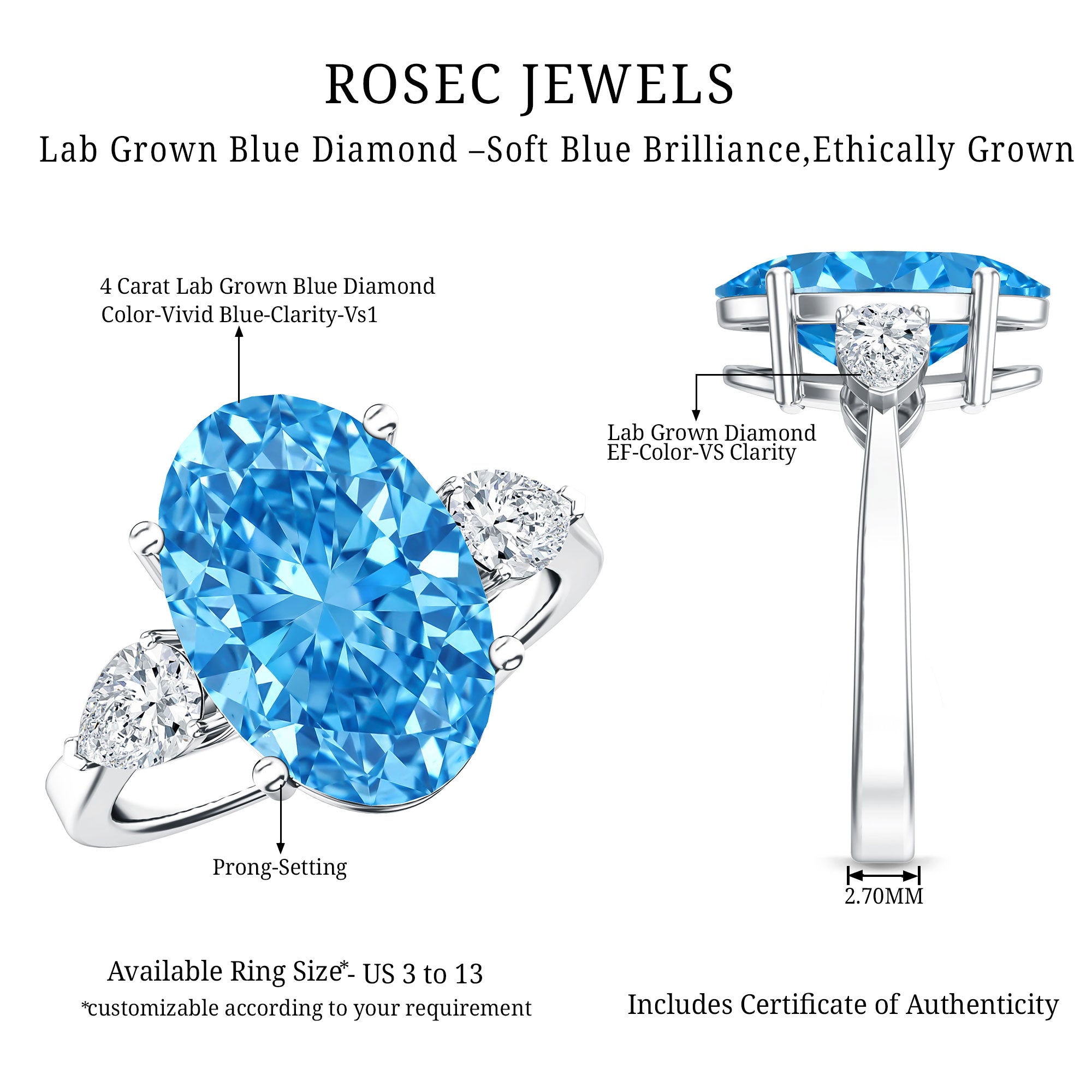 Rosec Jewels-IGI Certified 4 Carat Oval Shaped Lab Grown Blue Diamond Journey Ring