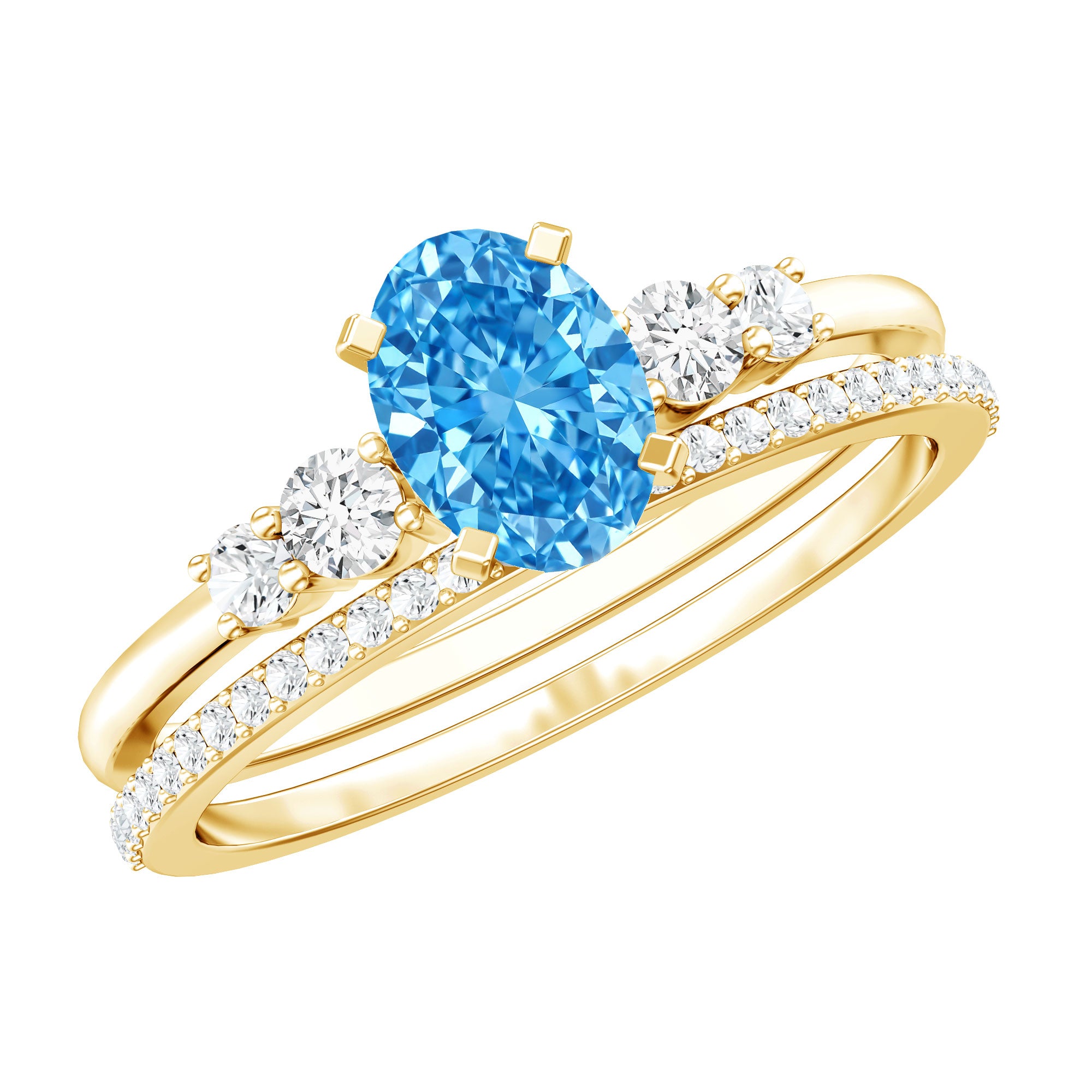 Rosec Jewels-IGI Certified 1 Carat Oval Lab Grown Blue and White Diamond Bridal Ring Set