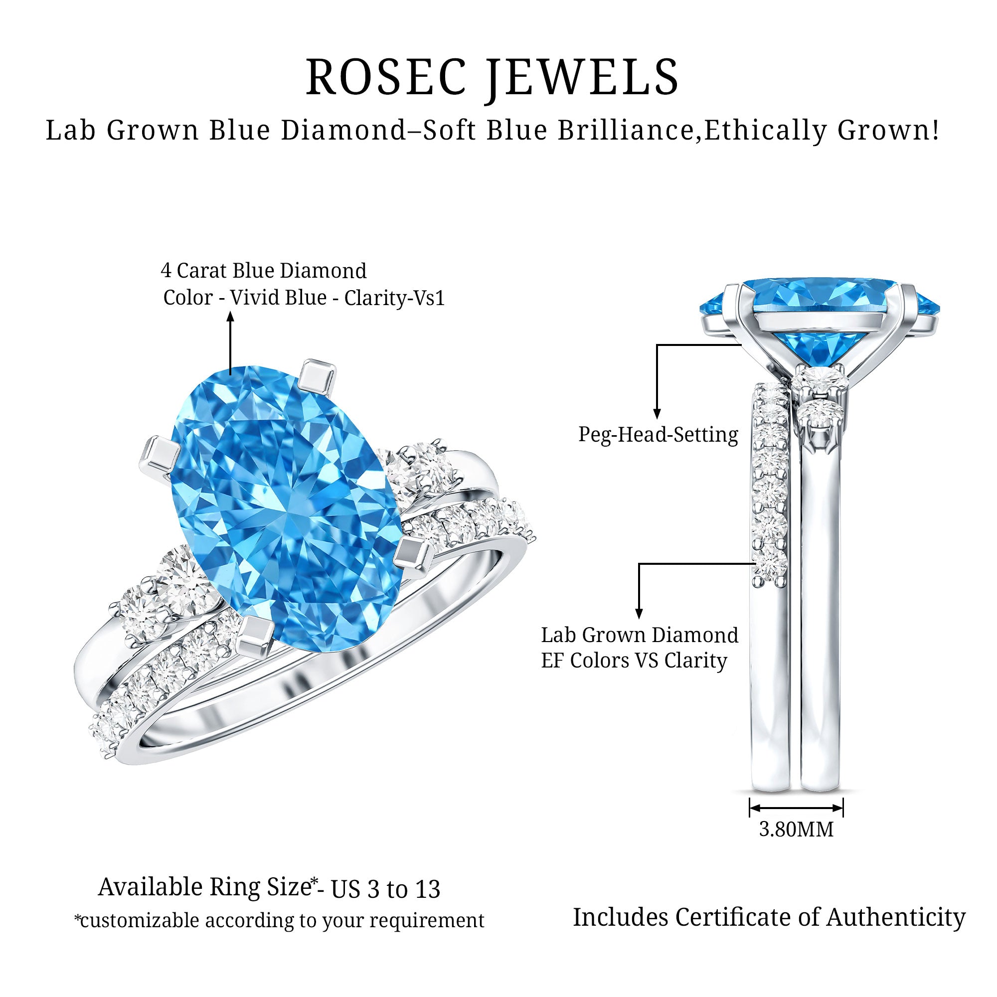 Rosec Jewels-IGI Certified 4 Carat Lab Grown Blue Diamond Oval Engagement Ring with Wedding Band