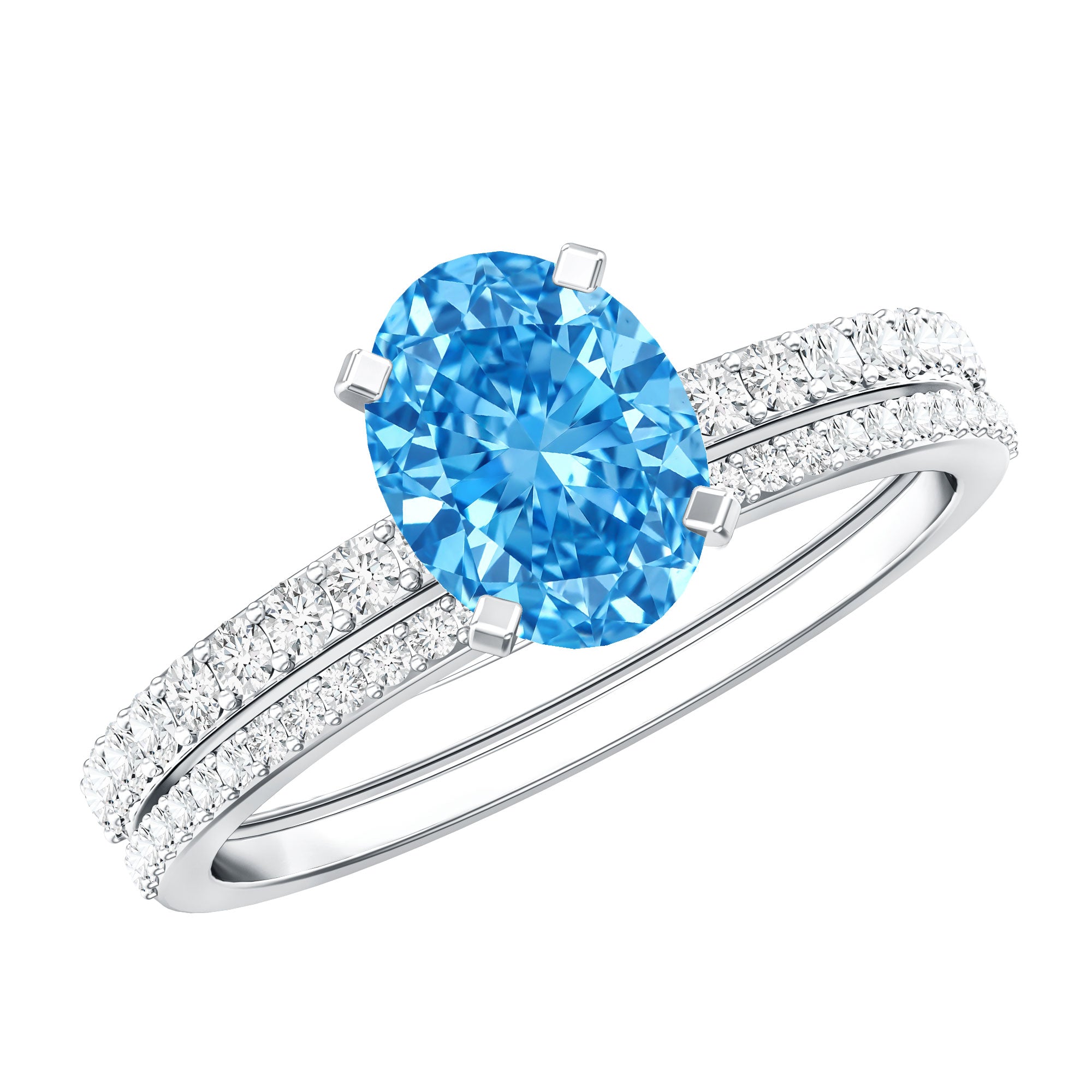 Rosec Jewels-1 Carat Oval Shaped Lab Grown Blue and White Diamond Wedding Ring Set IGI Certified