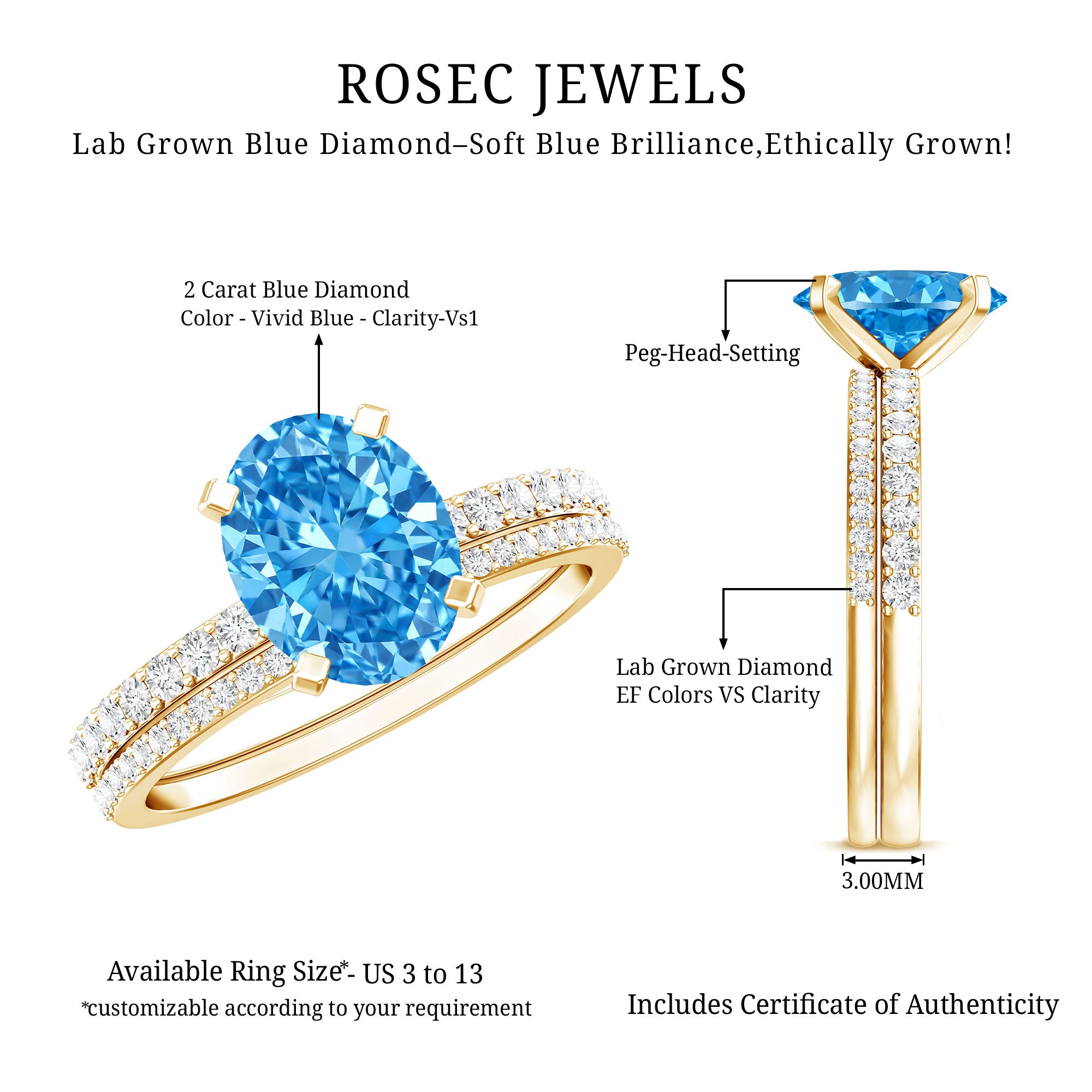 Rosec Jewels-Oval Shaped 2 Carat Lab Blue Diamond Engagement Ring Set with IGI Certificate