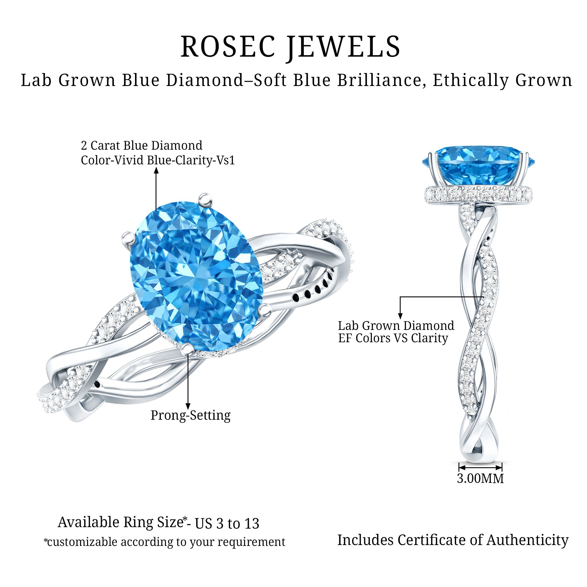 Rosec Jewels-IGI Certified 2 Carat Oval Lab Grown Blue Diamond Braided Engagement Ring for Women