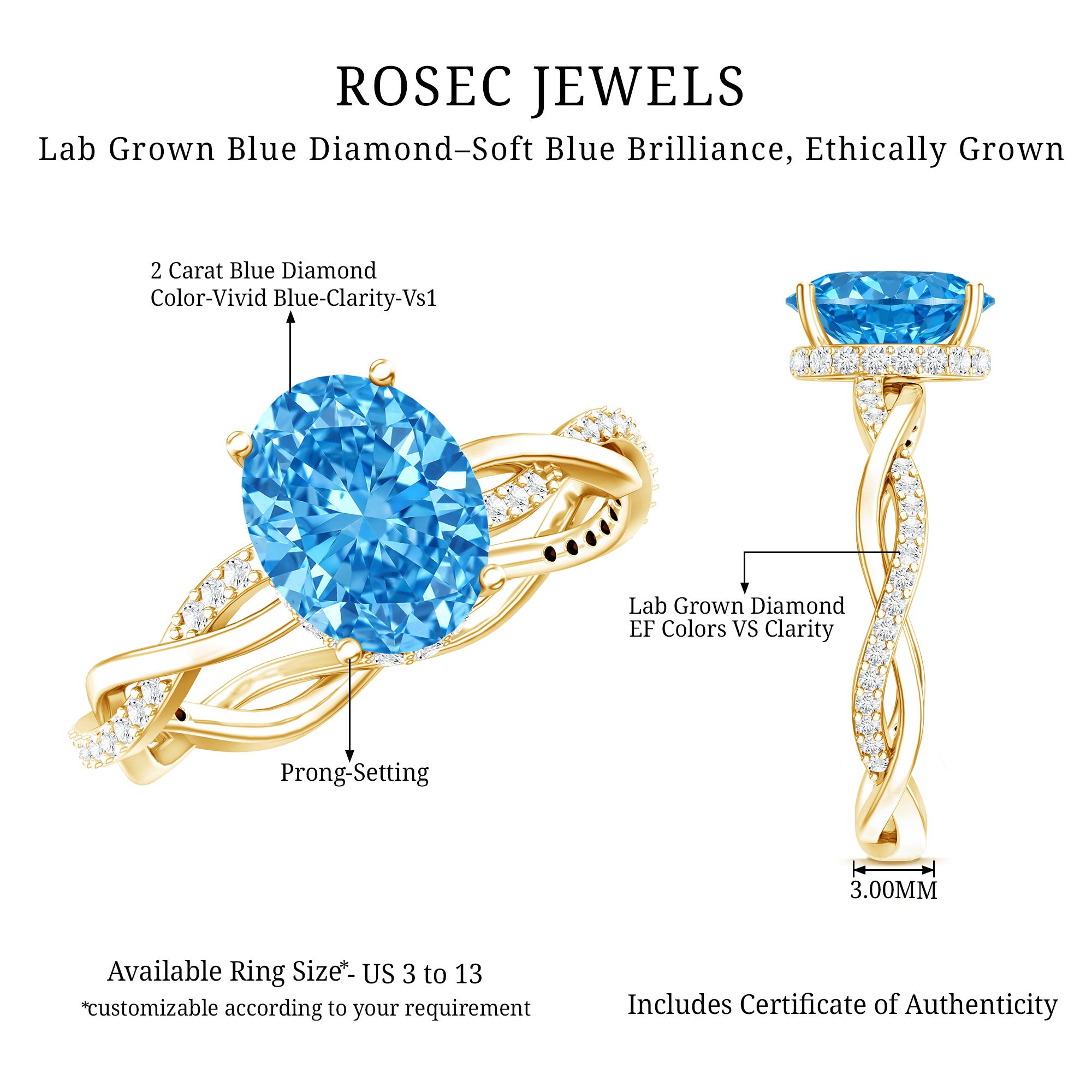 Rosec Jewels-IGI Certified 2 Carat Oval Lab Grown Blue Diamond Braided Engagement Ring for Women