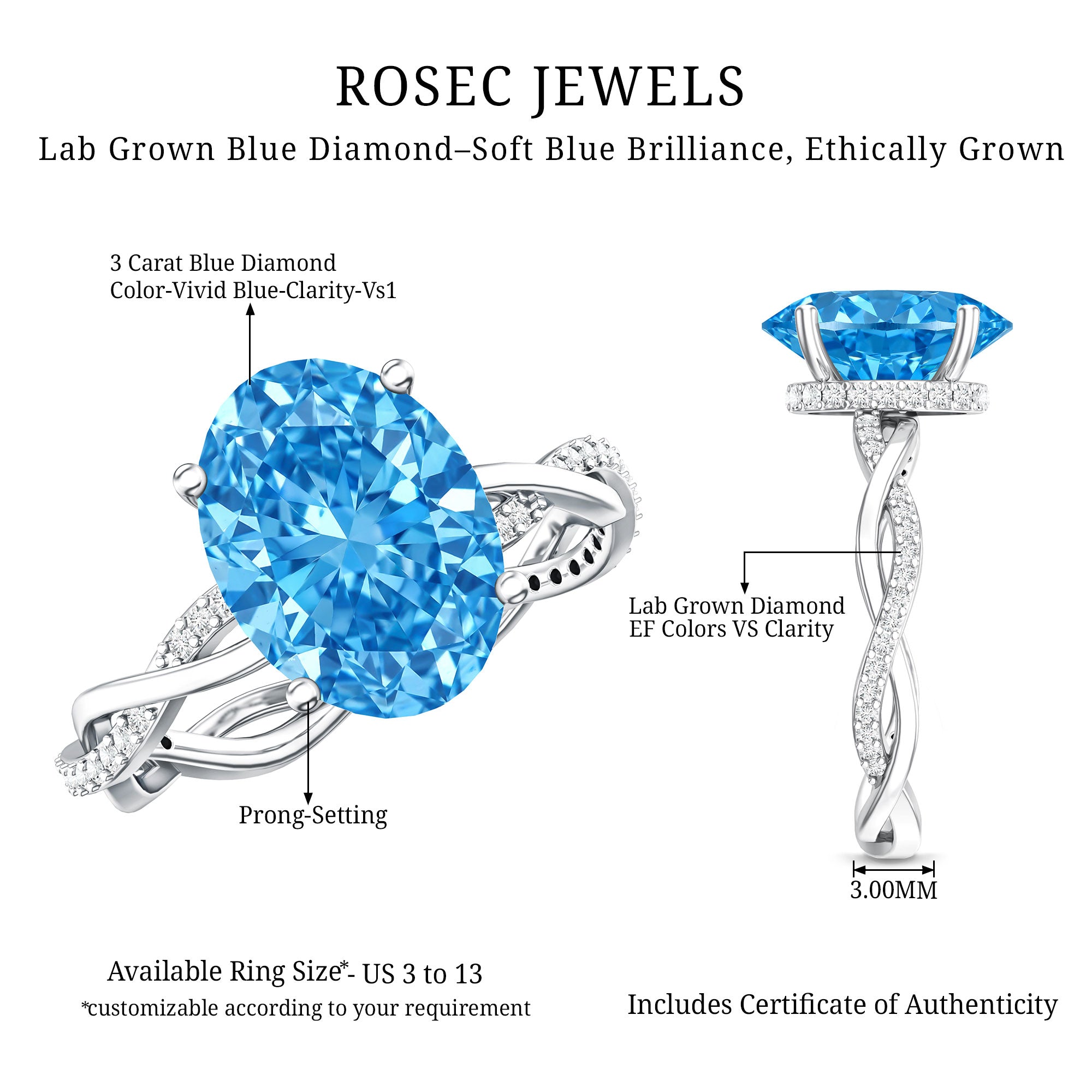 Rosec Jewels-IGI Certified 3 Carat Lab Blue Diamond Braided Engagement Ring with Hidden Halo
