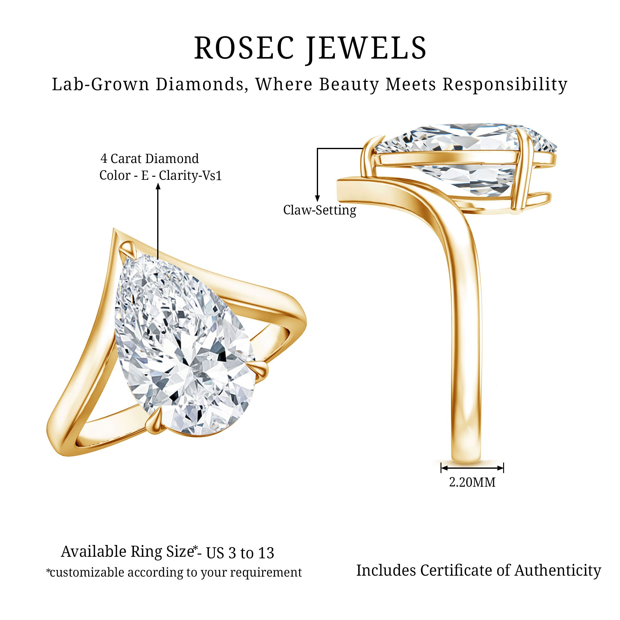 Rosec Jewels-IGI Certified 4 Carat Lab Grown Diamond Pear Engagement Ring with Chevron Shank