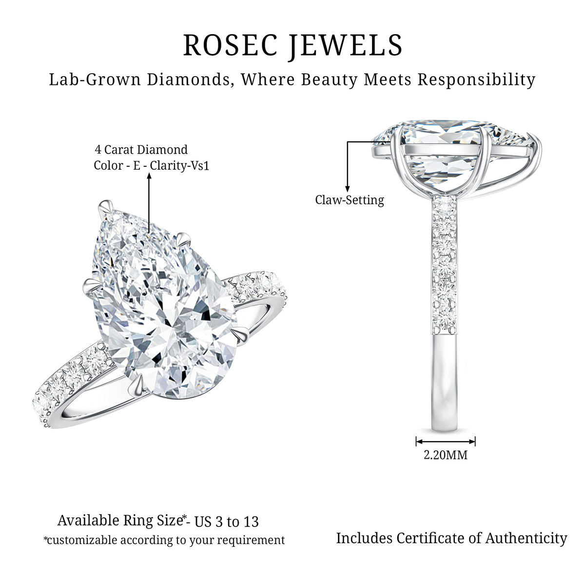 4 Carat Pear Lab Grown Diamond Huge Engagement Ring with IGI Certificate Lab - ( E-VS1 ) - Rosec Jewels