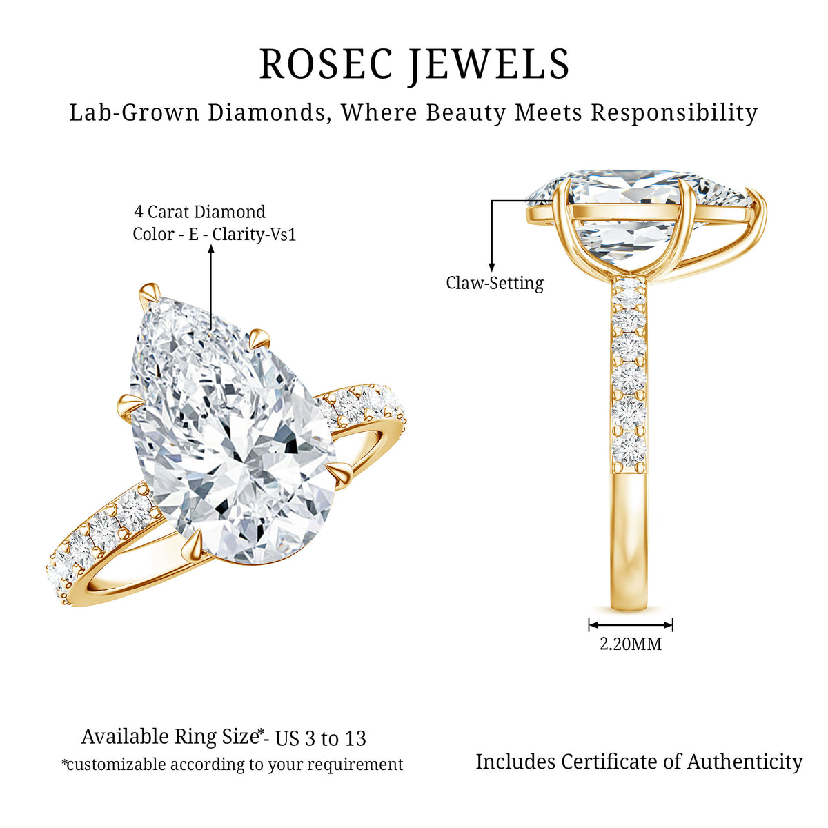 4 Carat Pear Lab Grown Diamond Huge Engagement Ring with IGI Certificate Lab - ( E-VS1 ) - Rosec Jewels