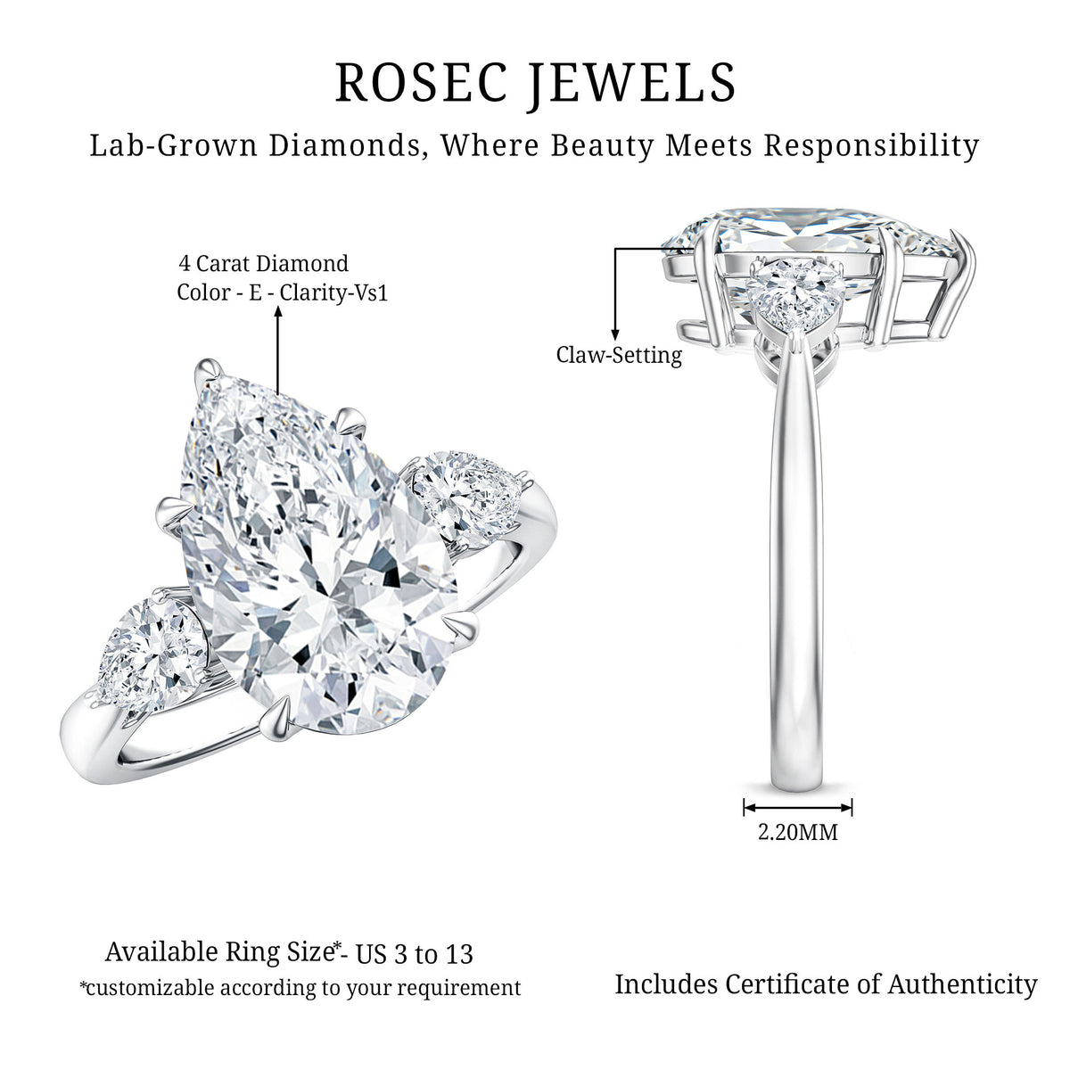4 Carat Lab Grown Diamond 3 Stone Engagement Ring with IGI Certified Lab - ( E-VS1 ) - Rosec Jewels