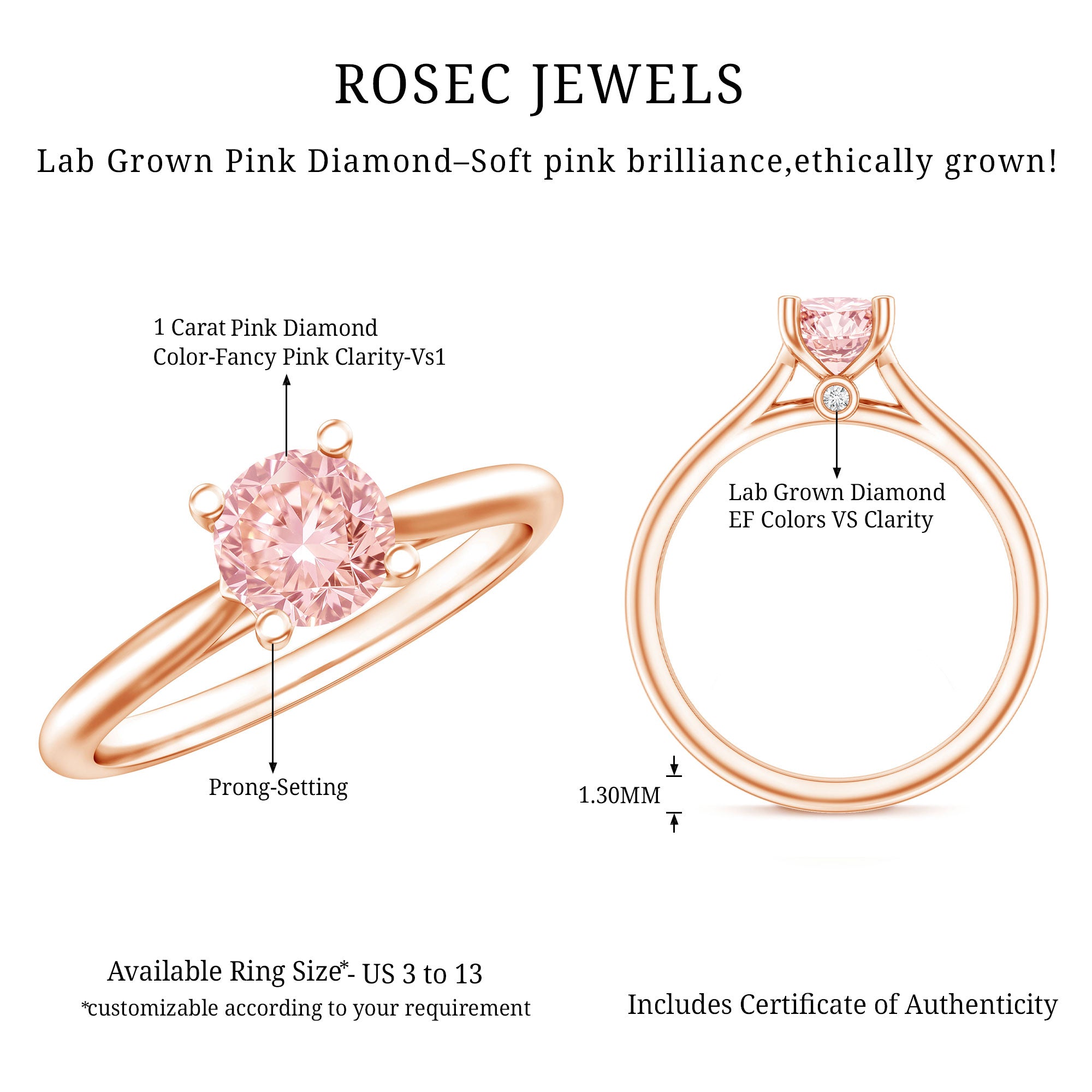 1 Carat Round Lab Grown Pink Diamond Solitaire Ring with IGI Certificate Fancy Pink - VS1 - Rosec Jewels