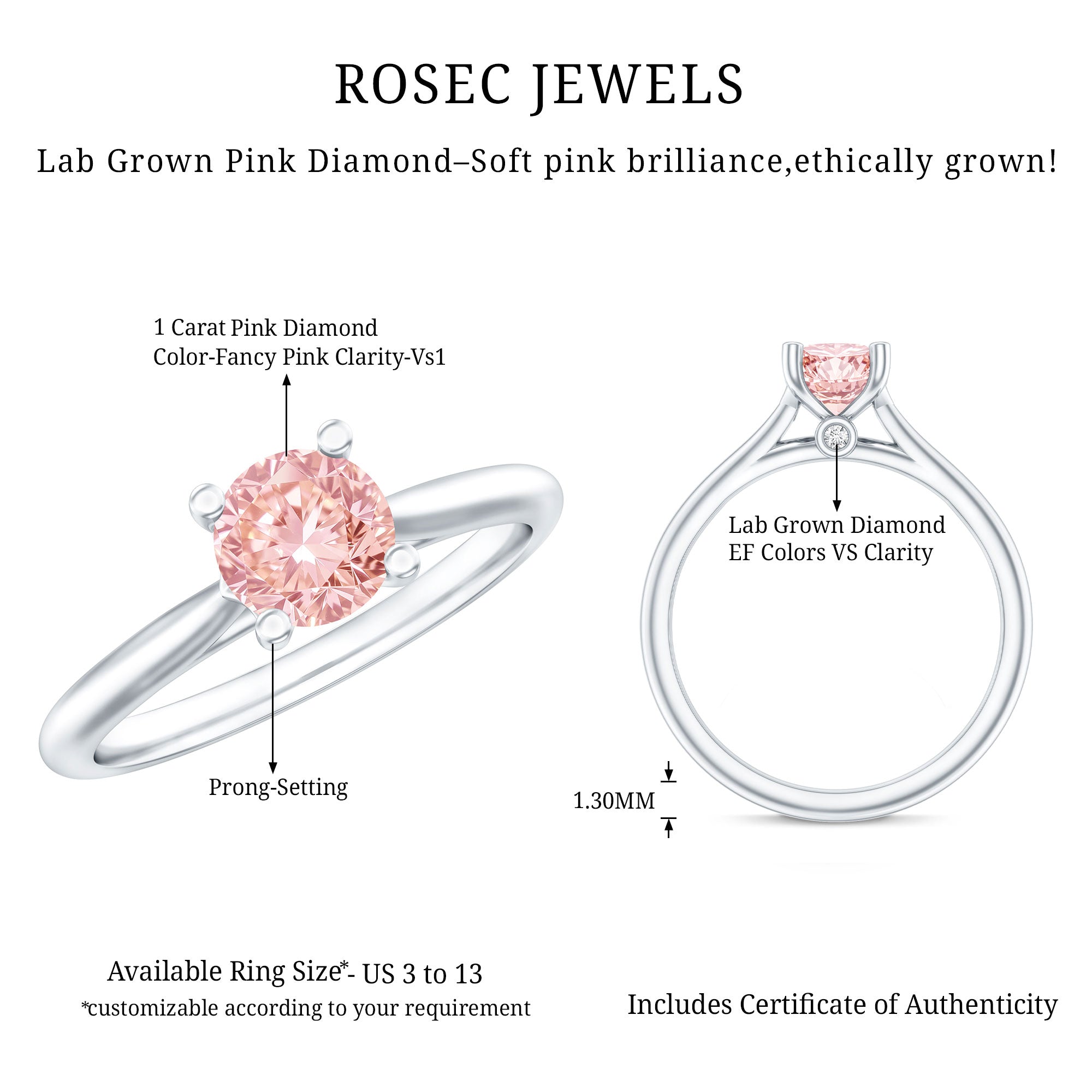 1 Carat Round Lab Grown Pink Diamond Solitaire Ring with IGI Certificate Fancy Pink - VS1 - Rosec Jewels