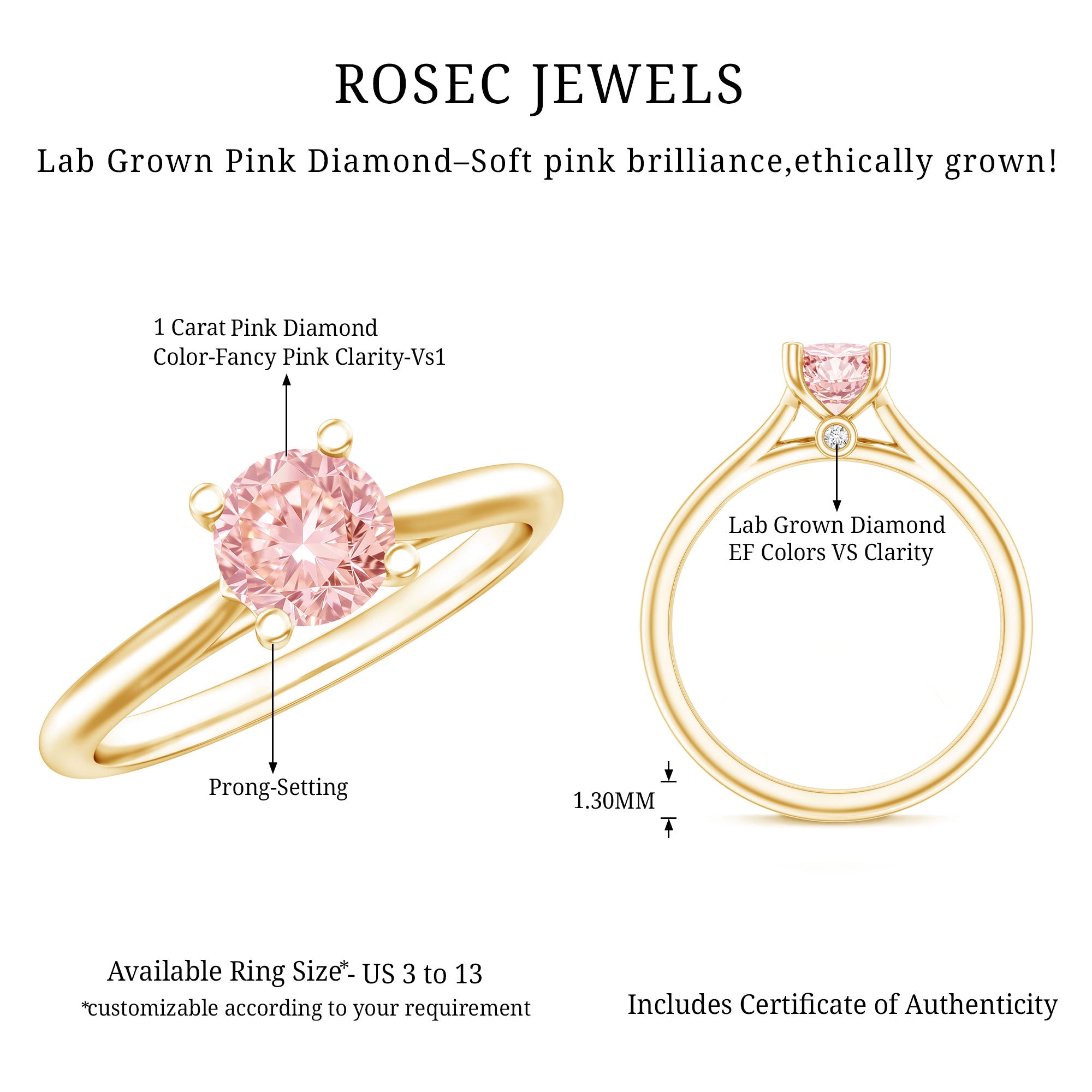 1 Carat Round Lab Grown Pink Diamond Solitaire Ring with IGI Certificate Fancy Pink - VS1 - Rosec Jewels