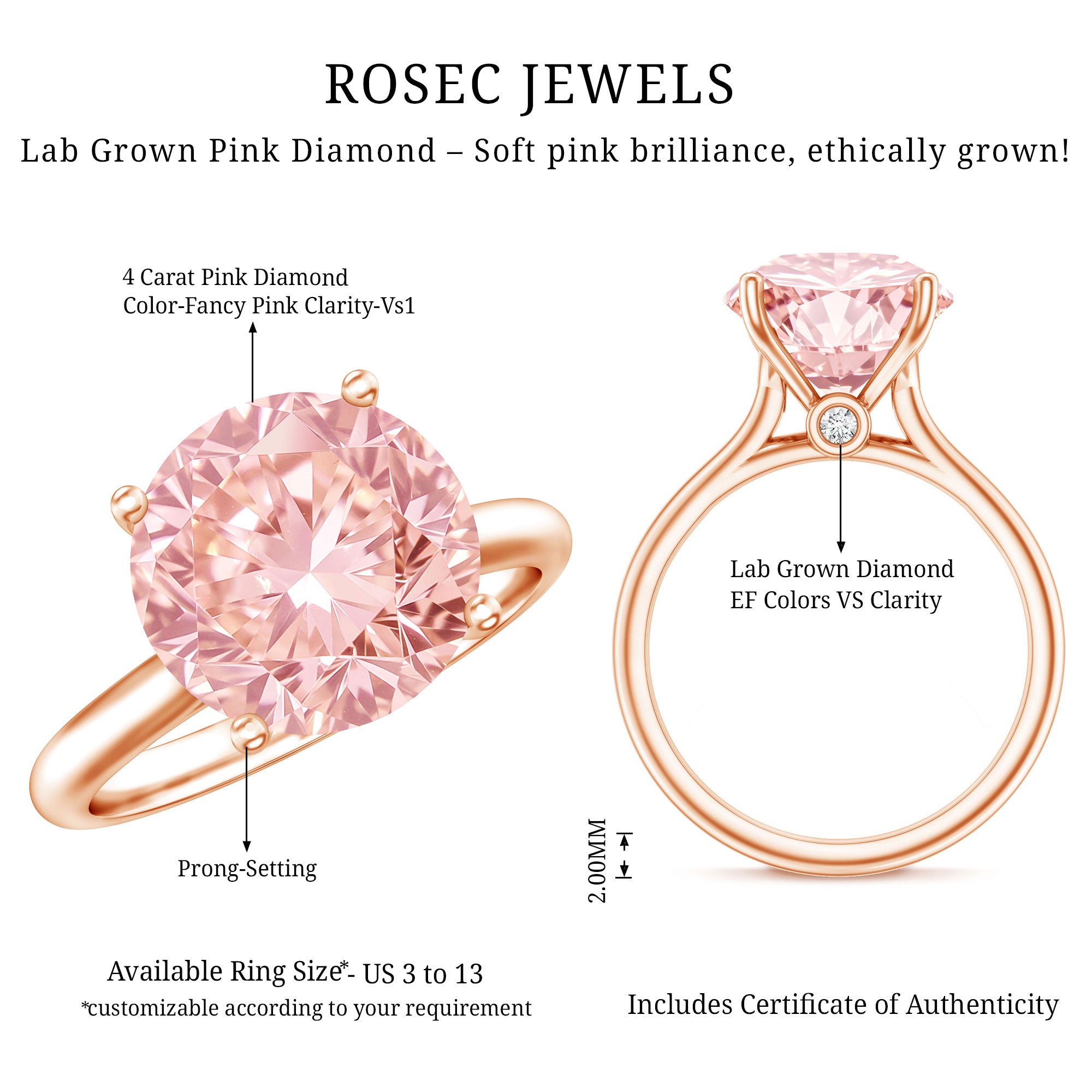 Rosec Jewels-Lab Grown Pink Diamond 4 Carat Solitaire Engagement Ring IGI Certified