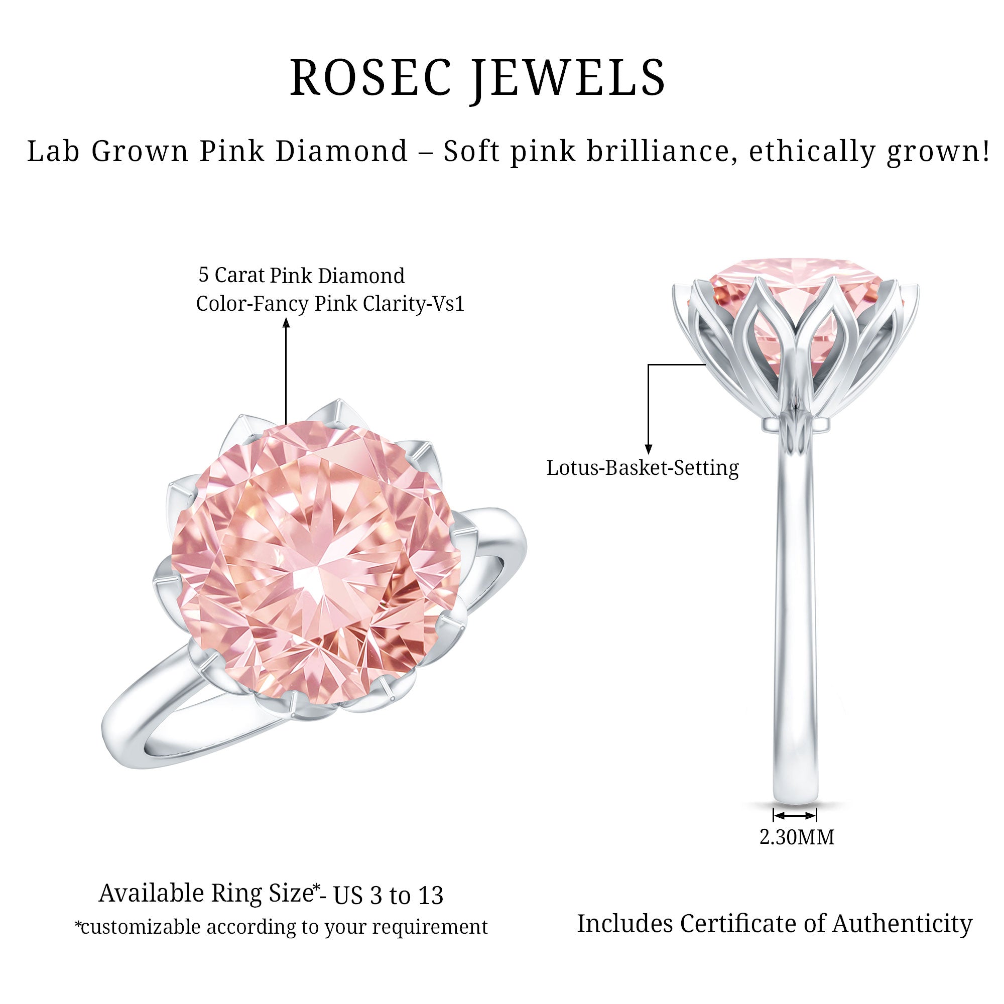 IGI Certified Solitaire 5 Carat Lab Grown Pink Diamond Lotus Engagement Ring Fancy Pink - VS1 - Rosec Jewels