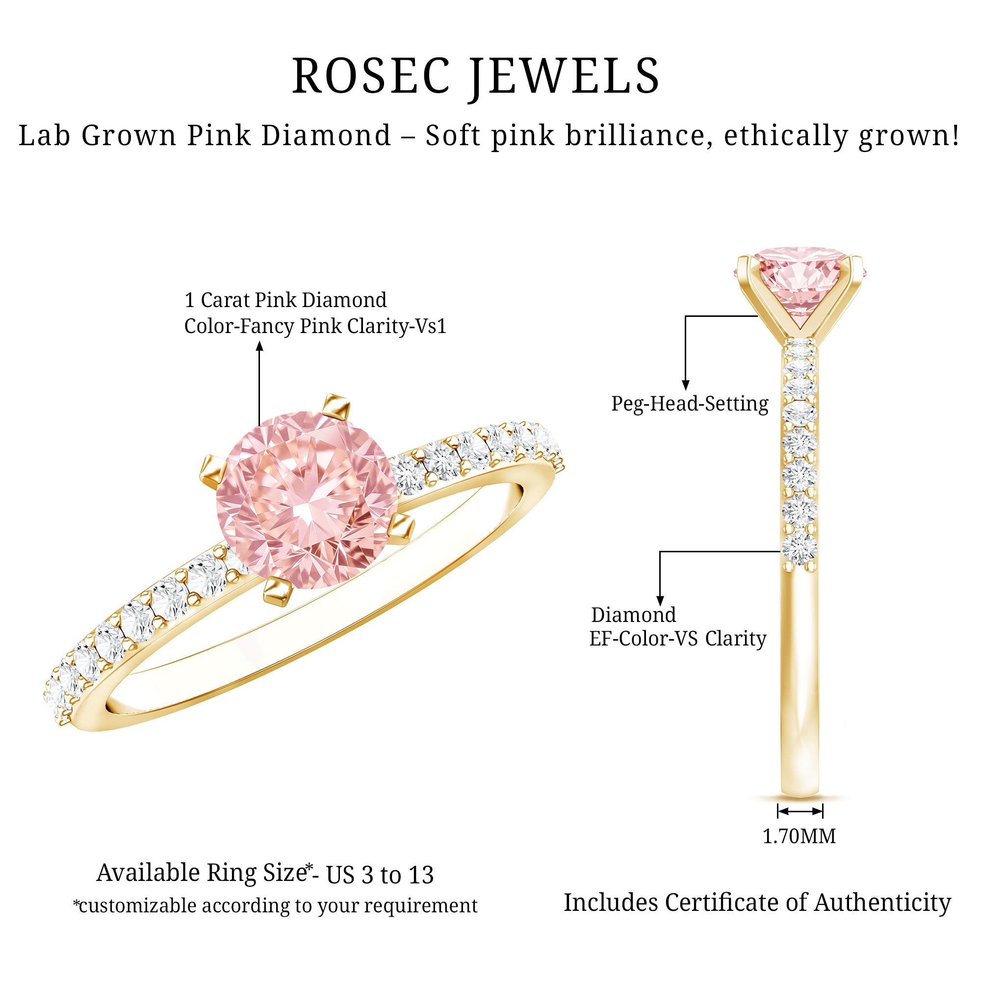 Rosec Jewels-IGI Certified 1 Carat Lab Pink Diamond Classic Engagement Ring with Side Stones