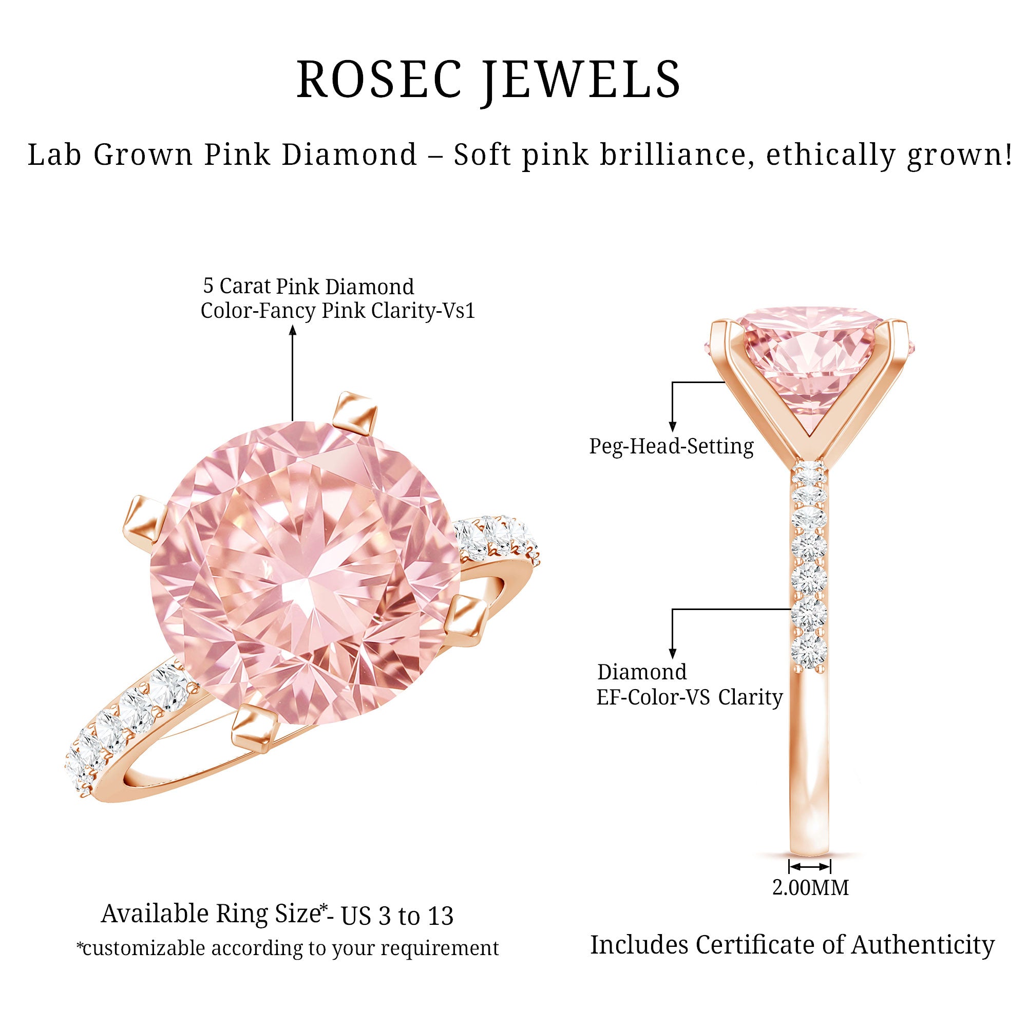 5 Carat IGI Certified Lab Created Pink Diamond Statement Ring with Side Stones Fancy Pink - VS1 - Rosec Jewels