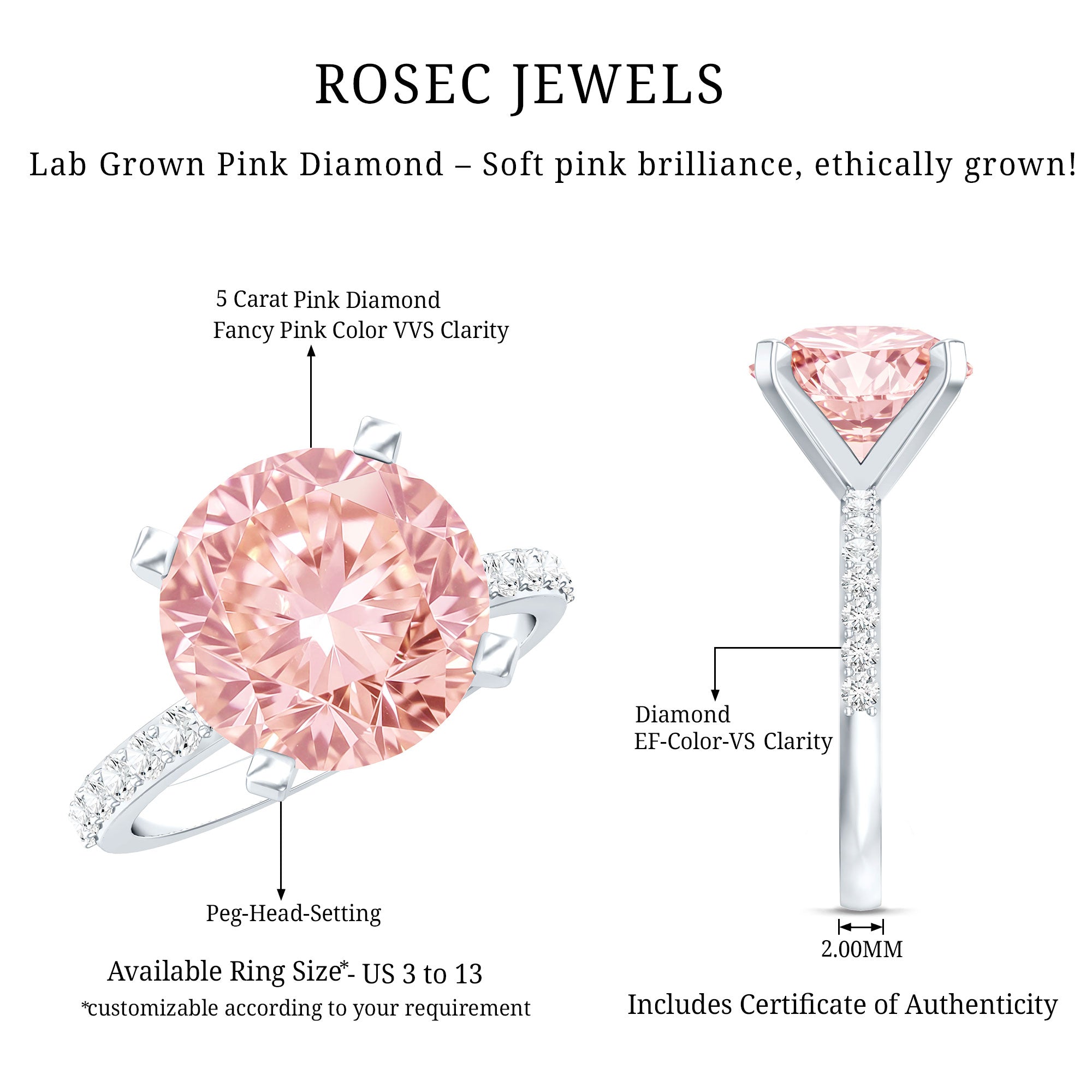 5 Carat IGI Certified Lab Created Pink Diamond Statement Ring with Side Stones Fancy Pink - VS1 - Rosec Jewels