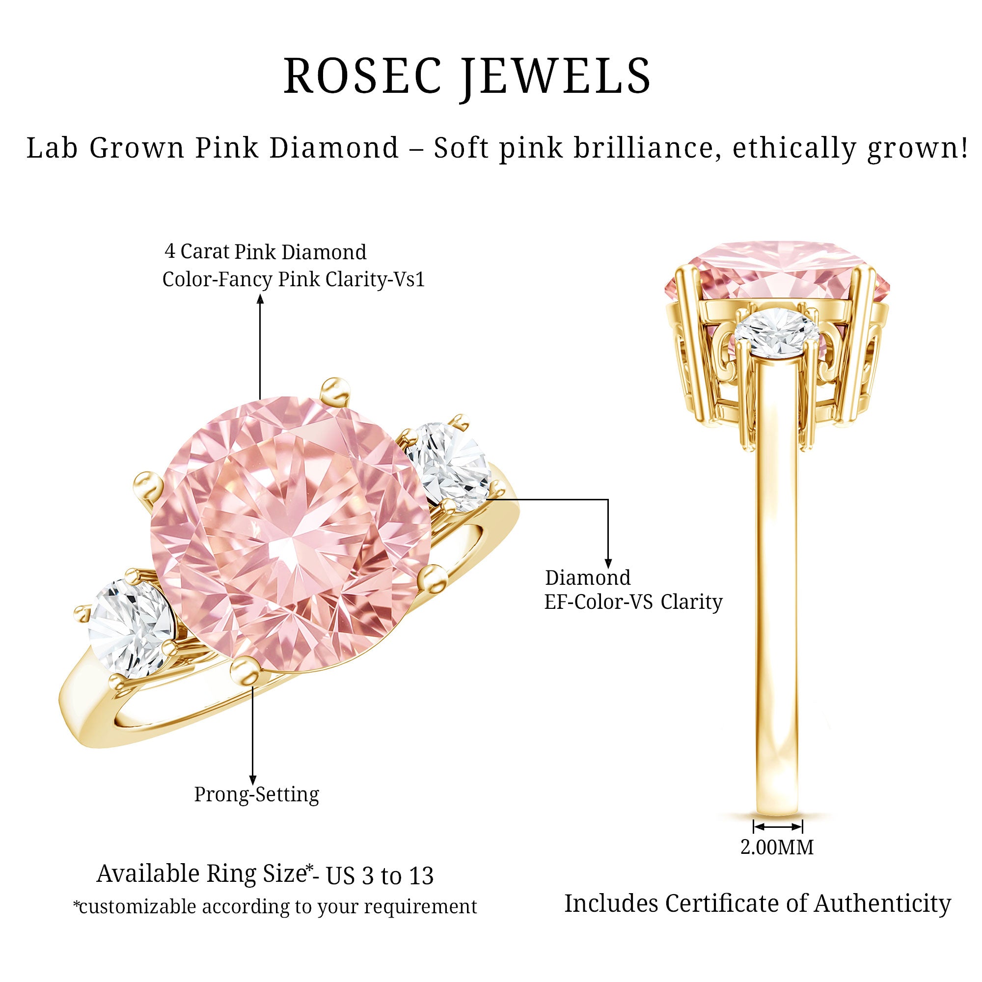 Rosec Jewels-IGI Certified 4 Carat Round Lab Created Pink and White Diamond Trilogy Engagement Ring