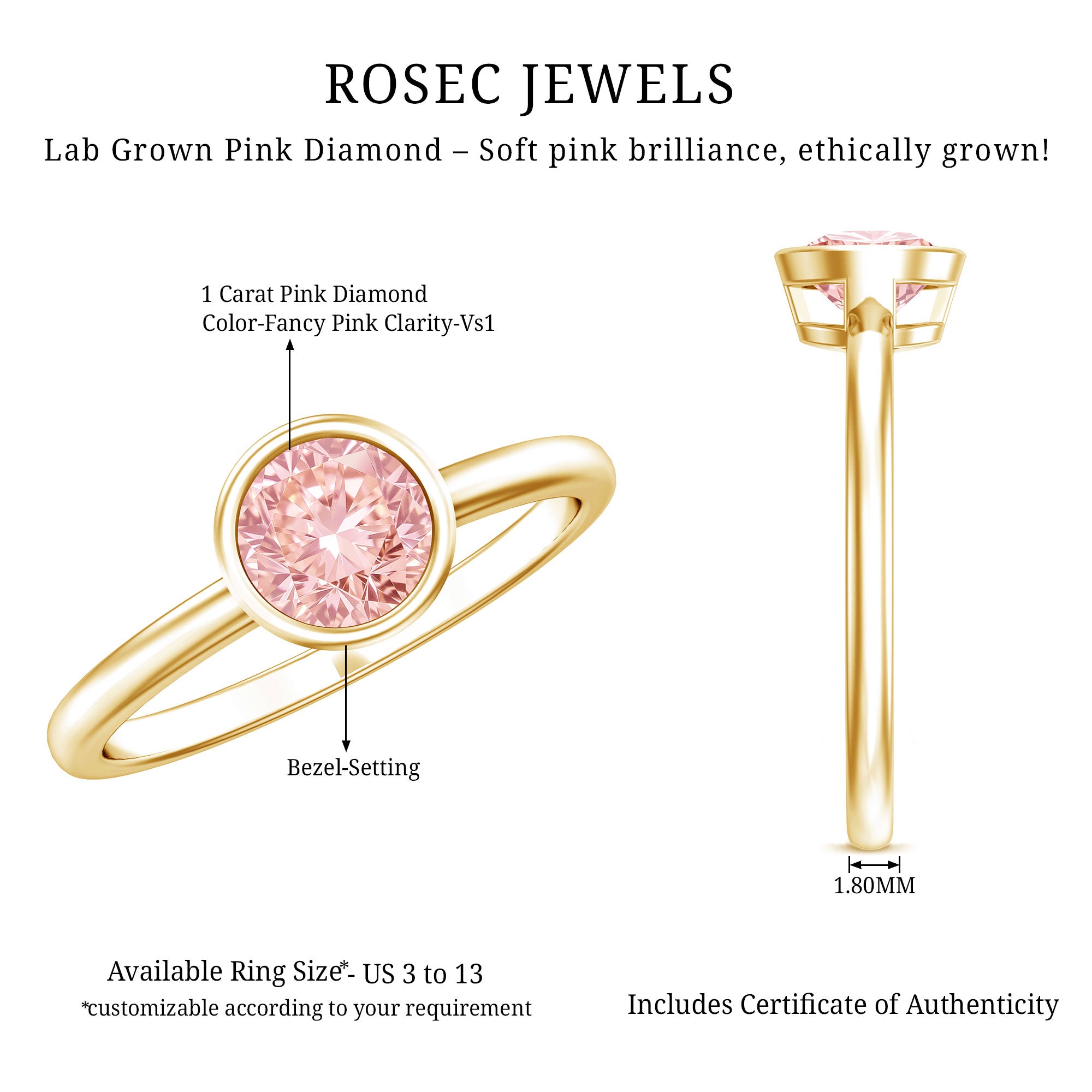 1 Carat Round Lab Grown Pink Diamond Solitaire Engagement Ring IGI Certified Fancy Pink - VS1 - Rosec Jewels