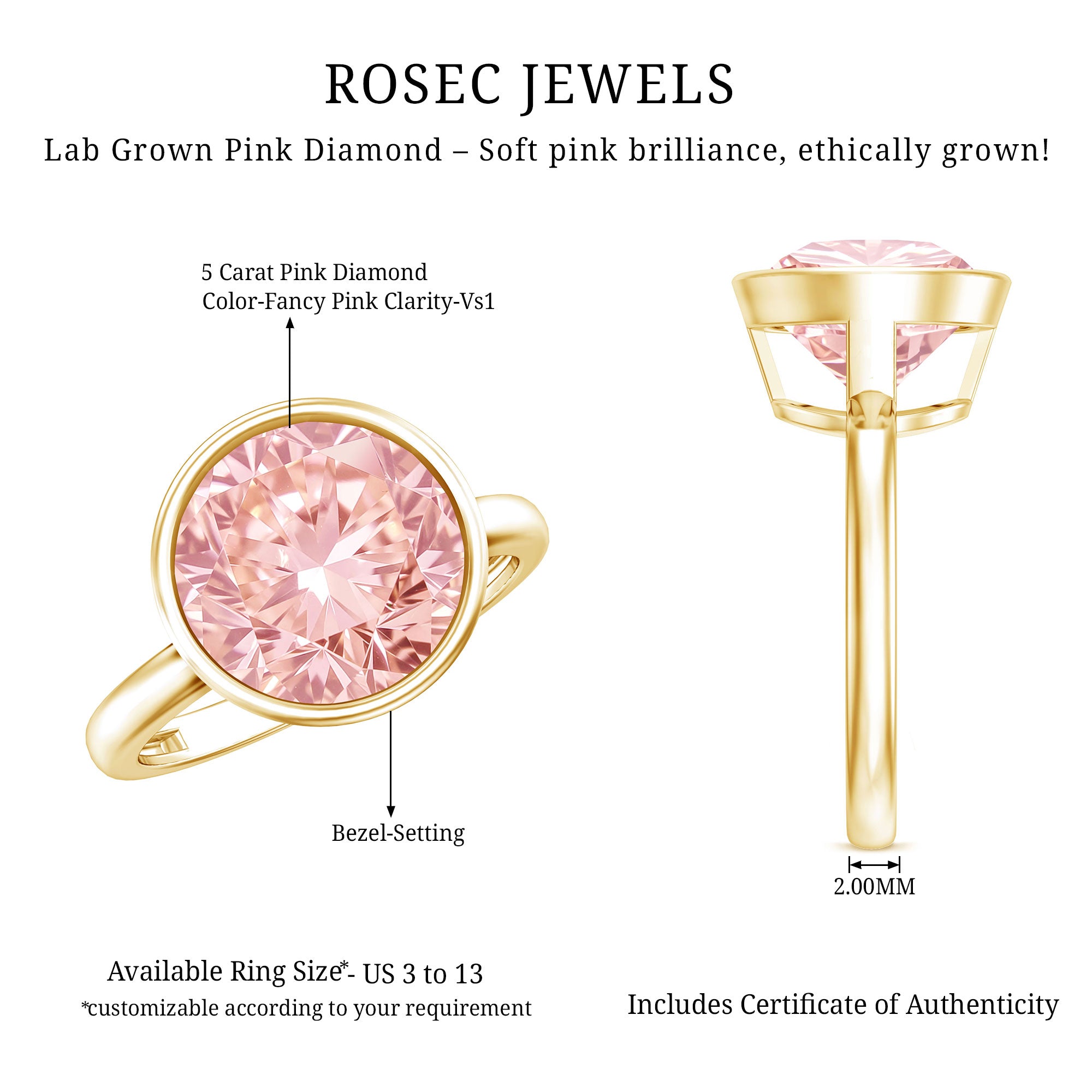 Large 5 Carat Lab Grown Pink Diamond Bezel Engagement Ring with IGI Certificate Fancy Pink - VS1 - Rosec Jewels
