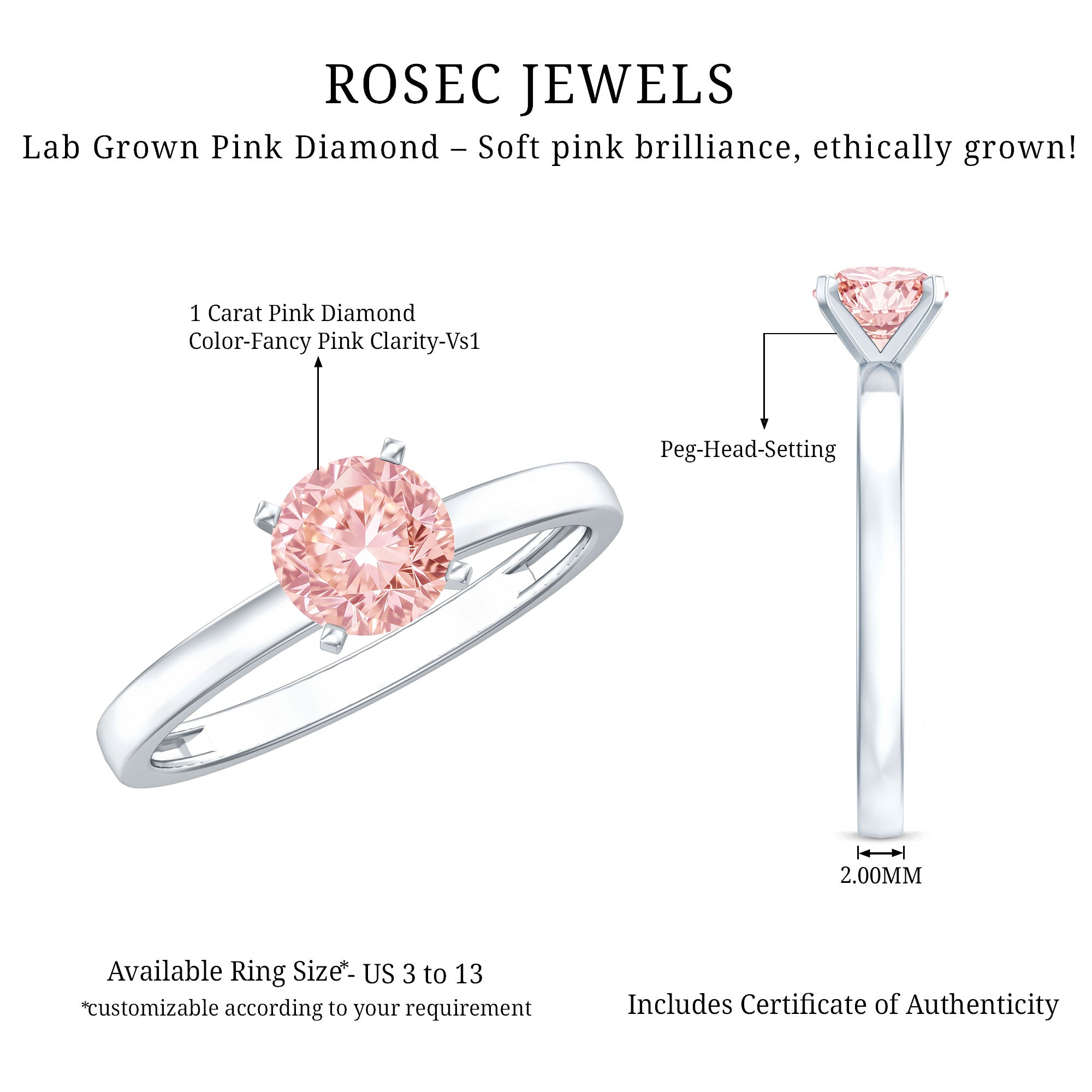 Lab Grown 1 Carat Pink Diamond Solitaire Engagement Ring with IGI Certificate Fancy Pink - VS1 - Rosec Jewels