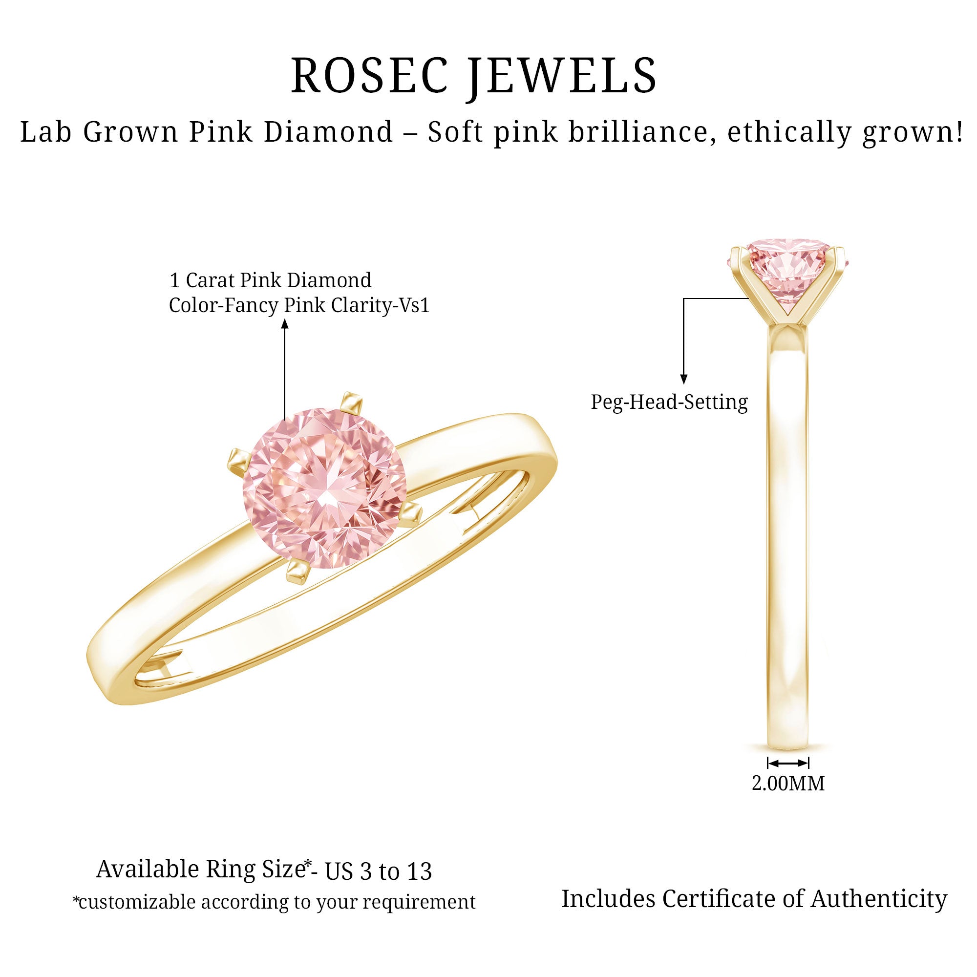 Lab Grown 1 Carat Pink Diamond Solitaire Engagement Ring with IGI Certificate Fancy Pink - VS1 - Rosec Jewels